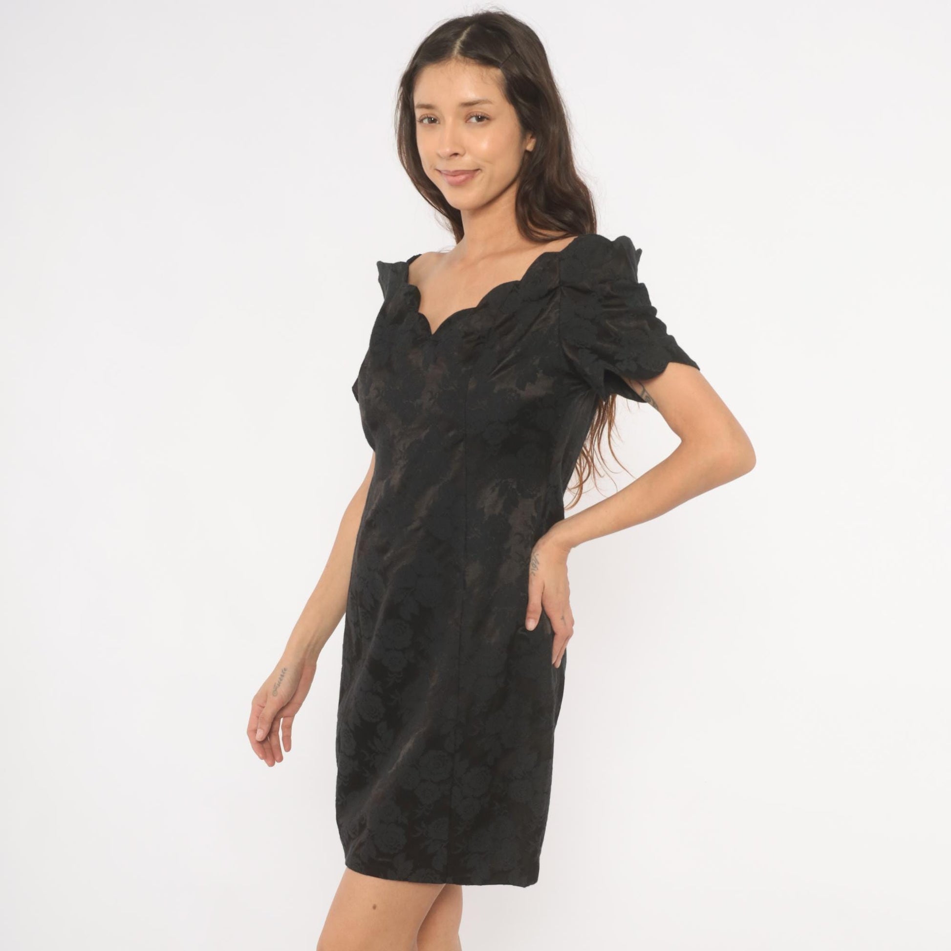 90s Expo Petite Black Floral Jacquard Mini Dress Sweetheart Neckline Medium M