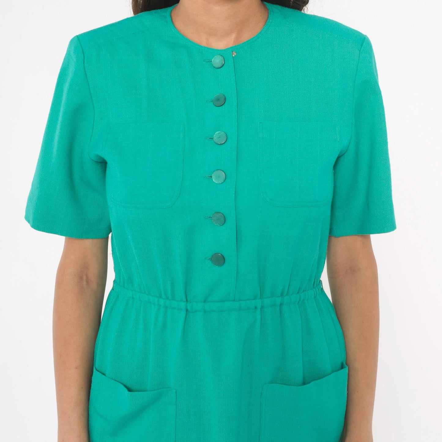 80s Teal Shirtdress Knee-Length Button Front Elastic Waist Small