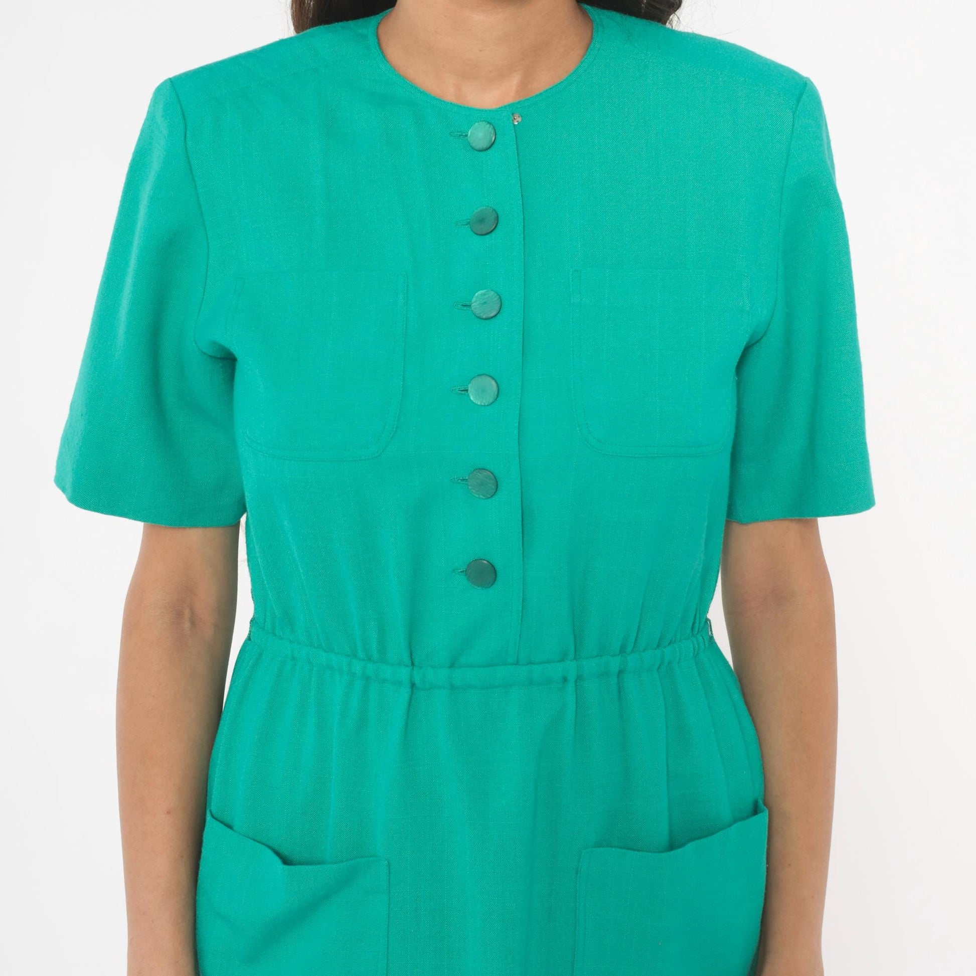 80s Teal Shirtdress Knee-Length Button Front Elastic Waist Small