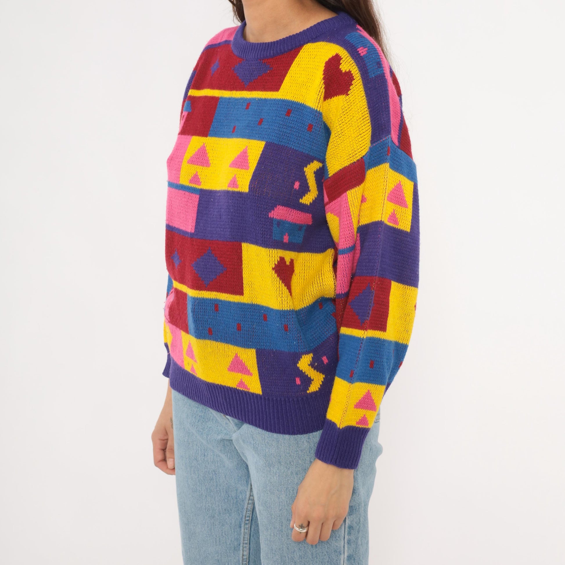 90s Chateau Geometric Colorblock Knit Sweater Purple Pink Yellow Small S