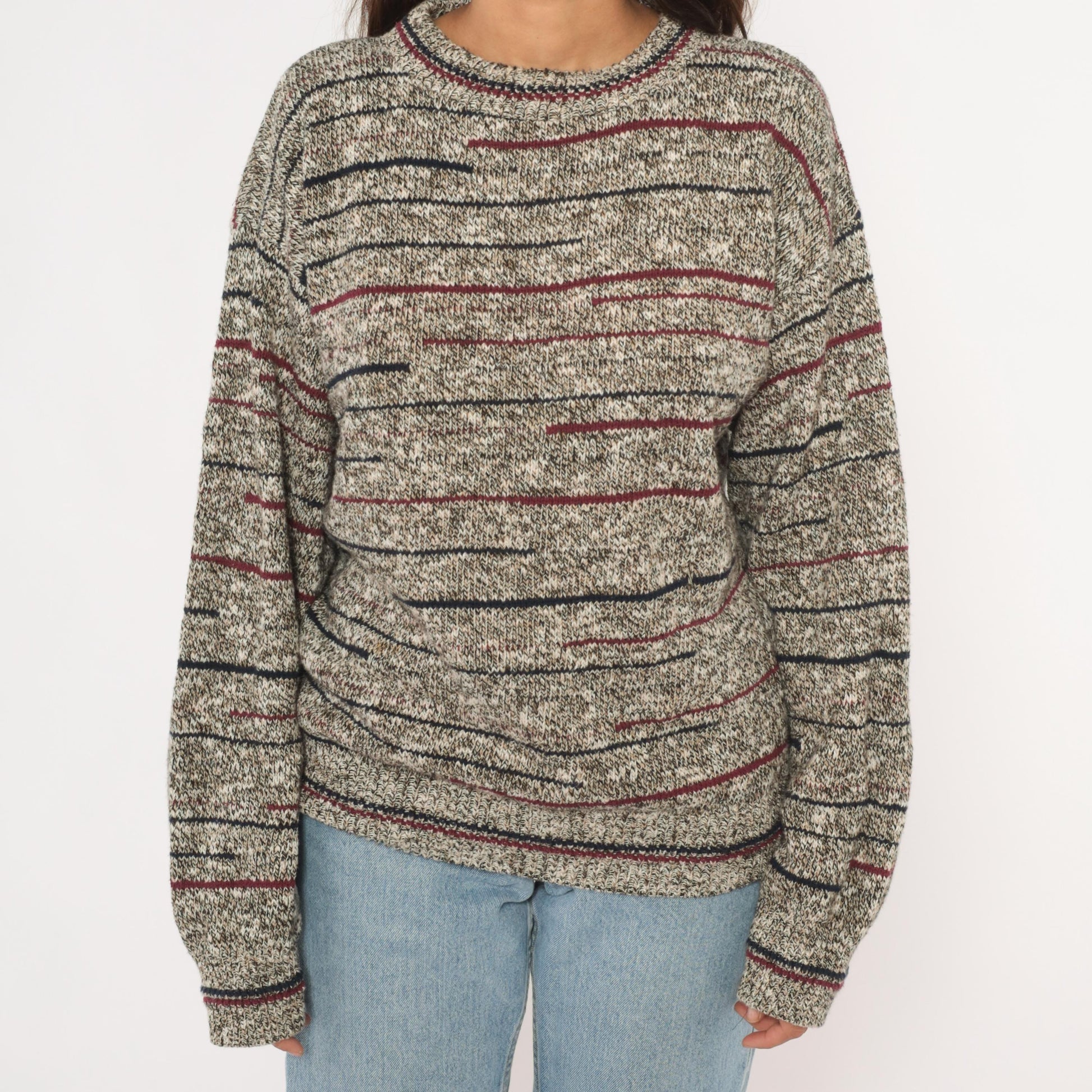 80s Bill Blass Marled Knit Striped Crewneck Pullover Burgundy Navy Grey Unisex Small