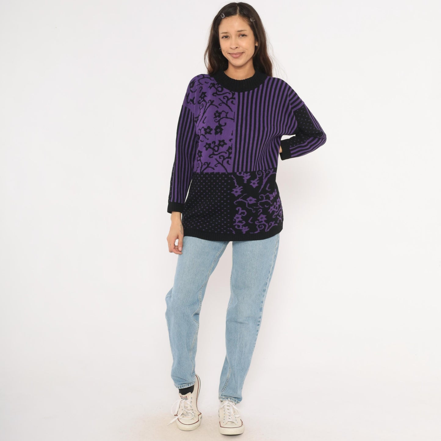 90s Sweater Exchange Purple Mock Neck Knit Patchwork Jacquard Large
