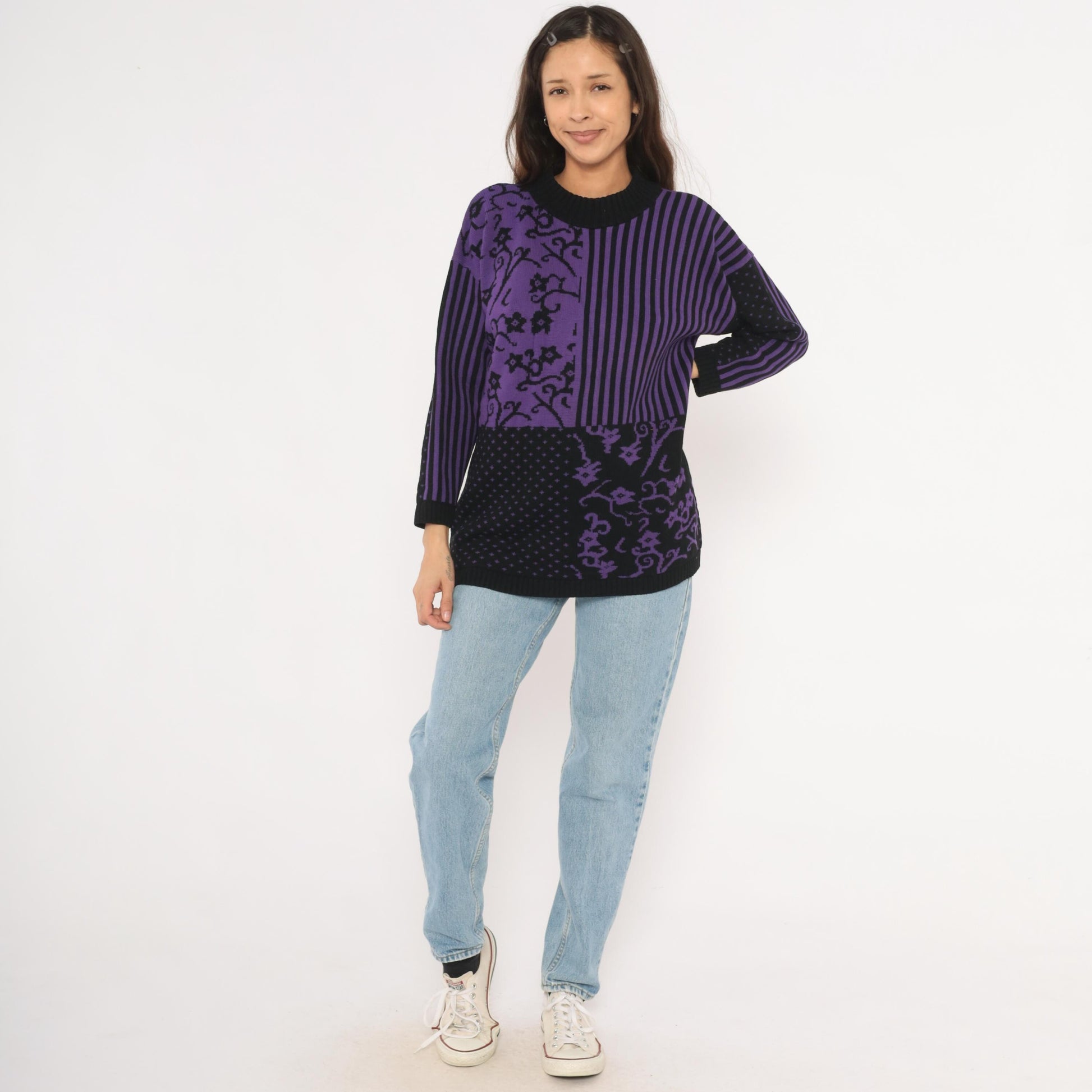 90s Sweater Exchange Purple Mock Neck Knit Patchwork Jacquard Large