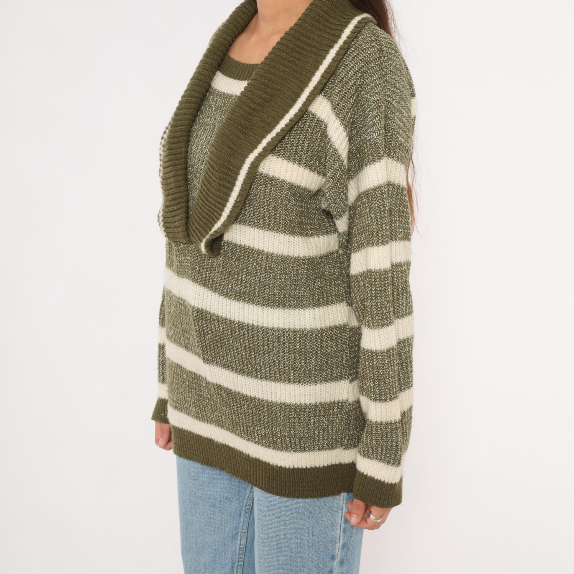 80s Olive Cream Striped Shawl Collar Sweater Knit Pullover Medium