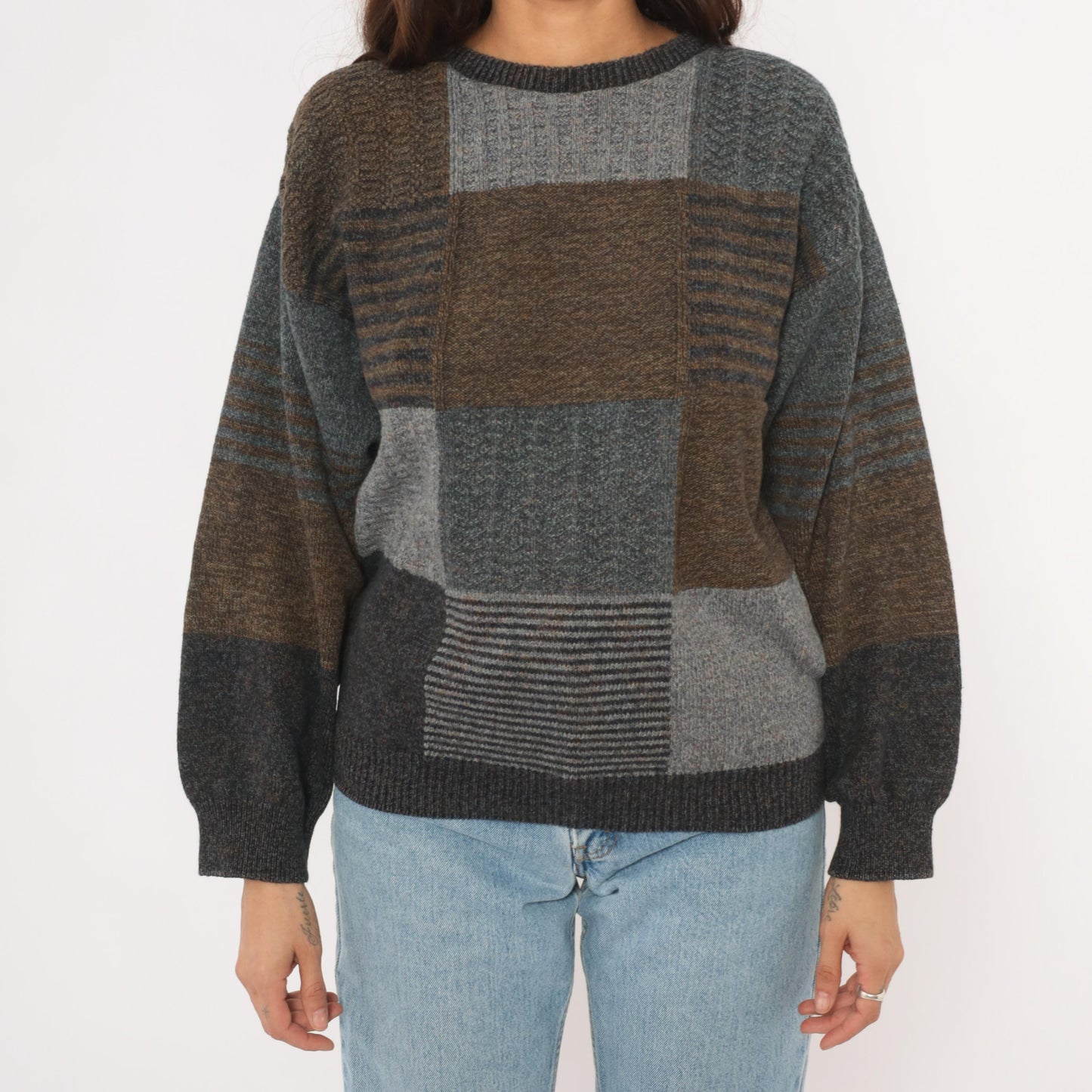90s Bill Blass Patchwork Knit Sweater Brown Charcoal Colorblock Medium M