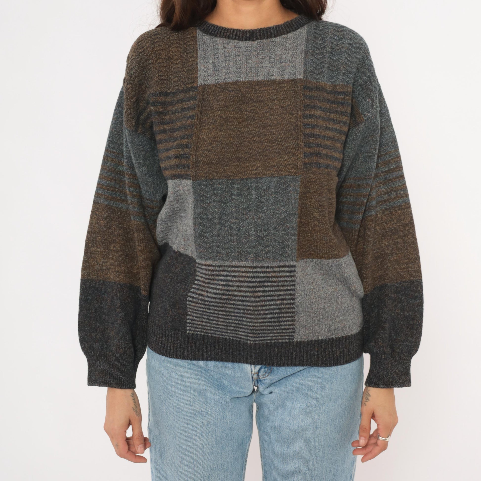 90s Bill Blass Patchwork Knit Sweater Brown Charcoal Colorblock Medium M