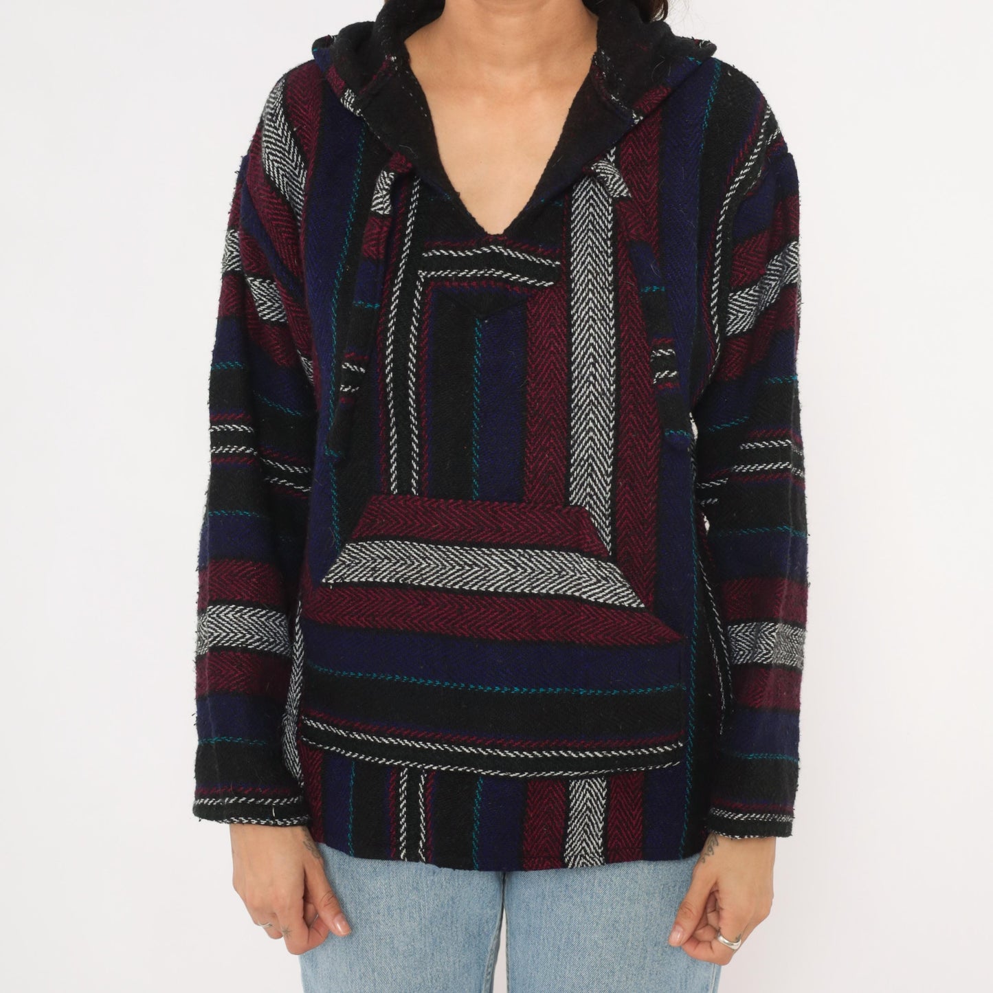 90s Baja Hoodie Striped Navy Burgundy Black Herringbone Weave Small S