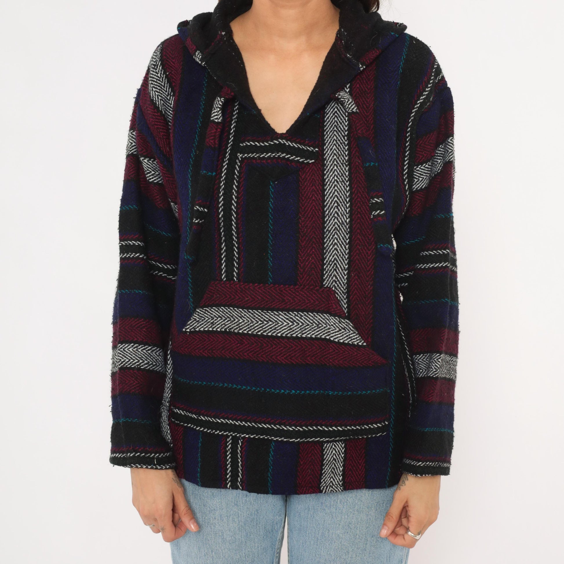 90s Baja Hoodie Striped Navy Burgundy Black Herringbone Weave Small S
