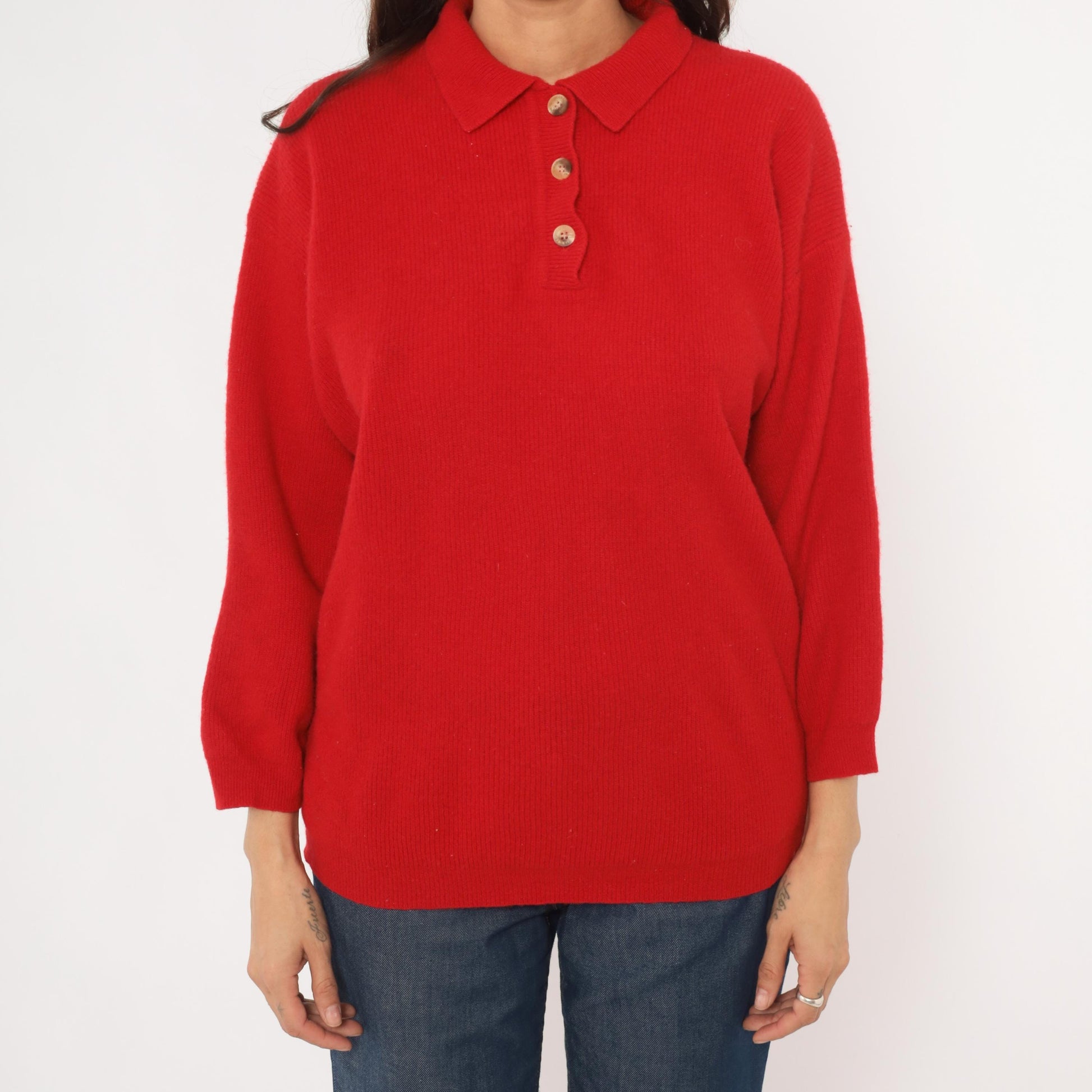 90s Outback Red Polo Sweater Wool Knit Collared Button Pullover Medium