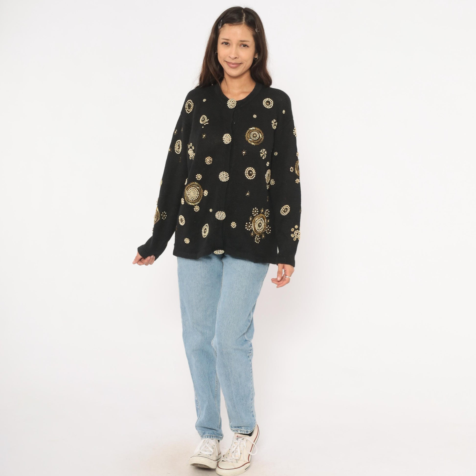 90s Fitting Image Black Cardigan Gold Beaded Medallion Embroidery Extra Large XL