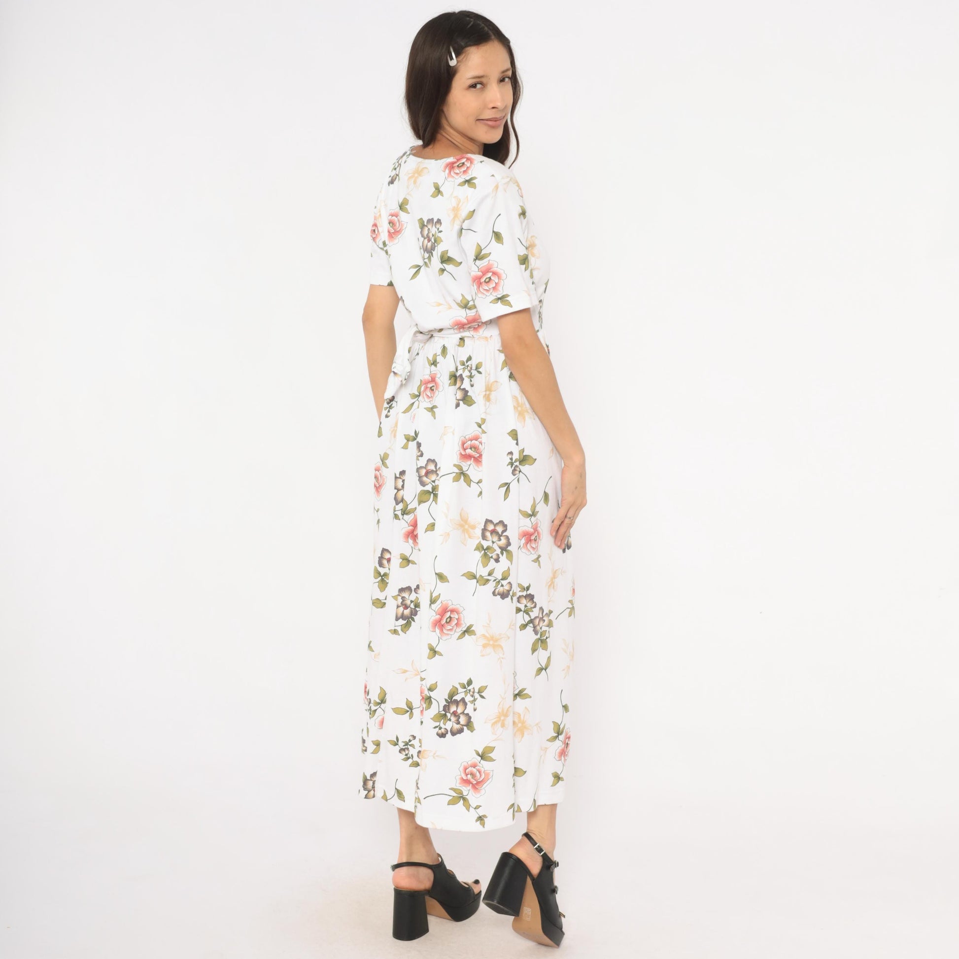 90s Bizzit Floral Maxi Dress White Pink Roses Short Sleeve Empire Waist Medium