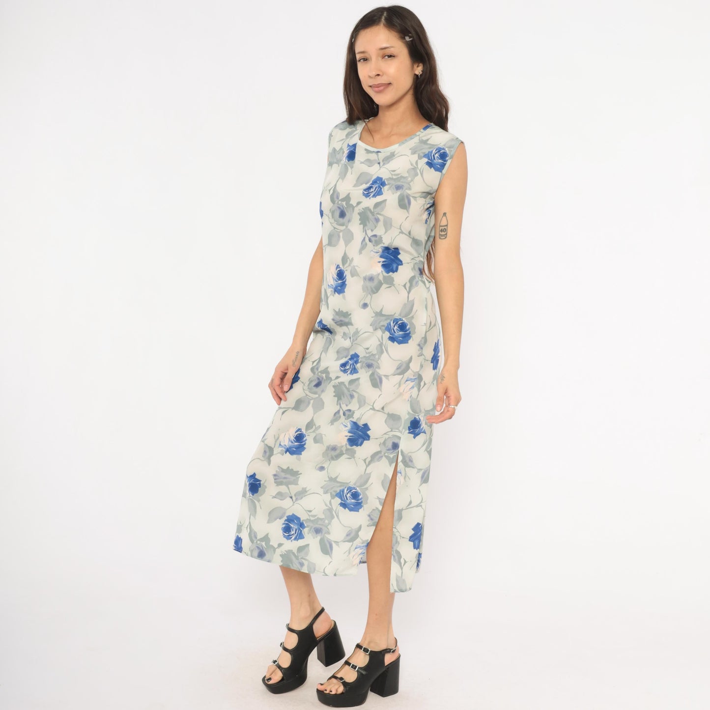 90s Steps Blue Rose Watercolor Midi Dress Ivory Chiffon Cap Sleeve Small S