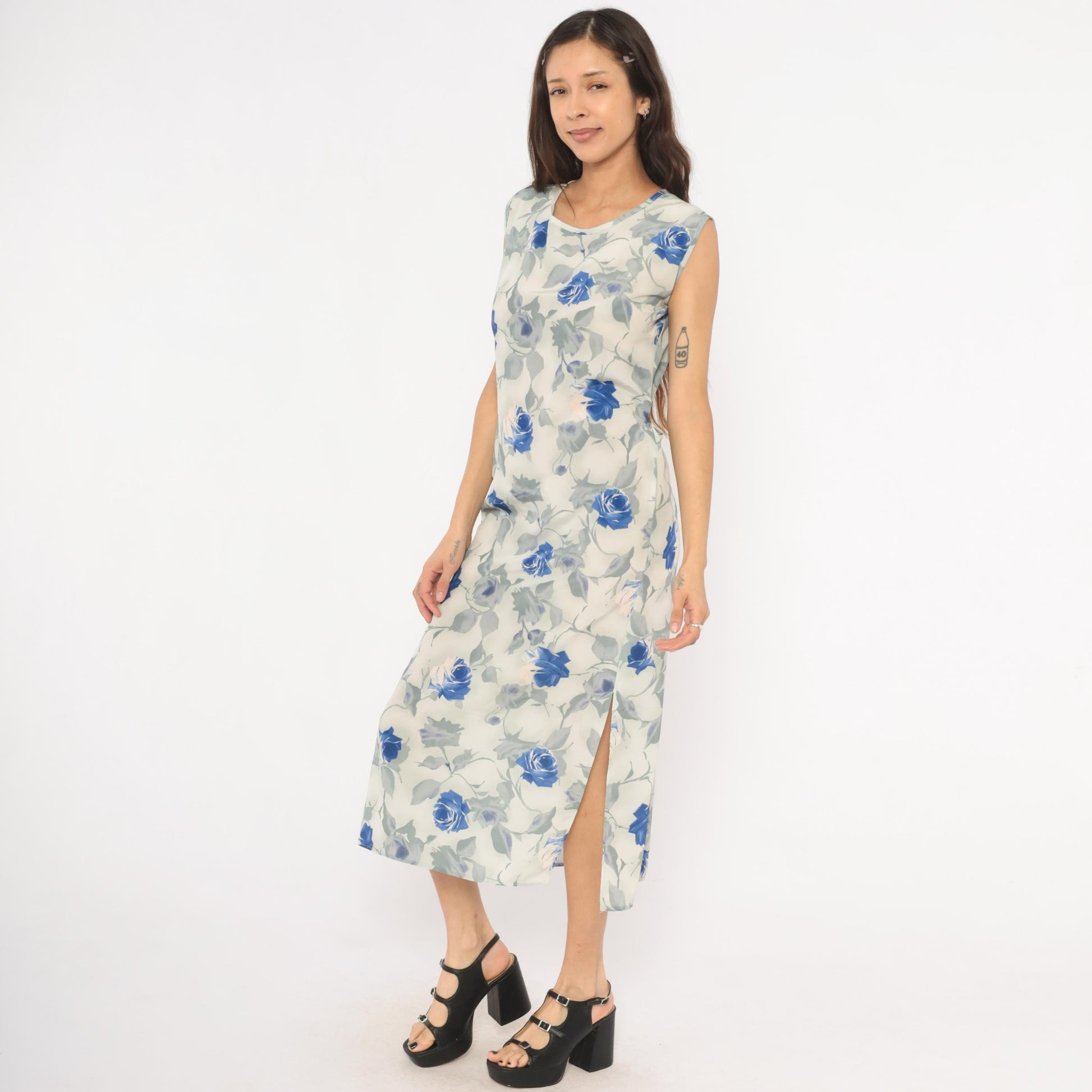 90s Steps Blue Rose Watercolor Midi Dress Ivory Chiffon Cap Sleeve Small S