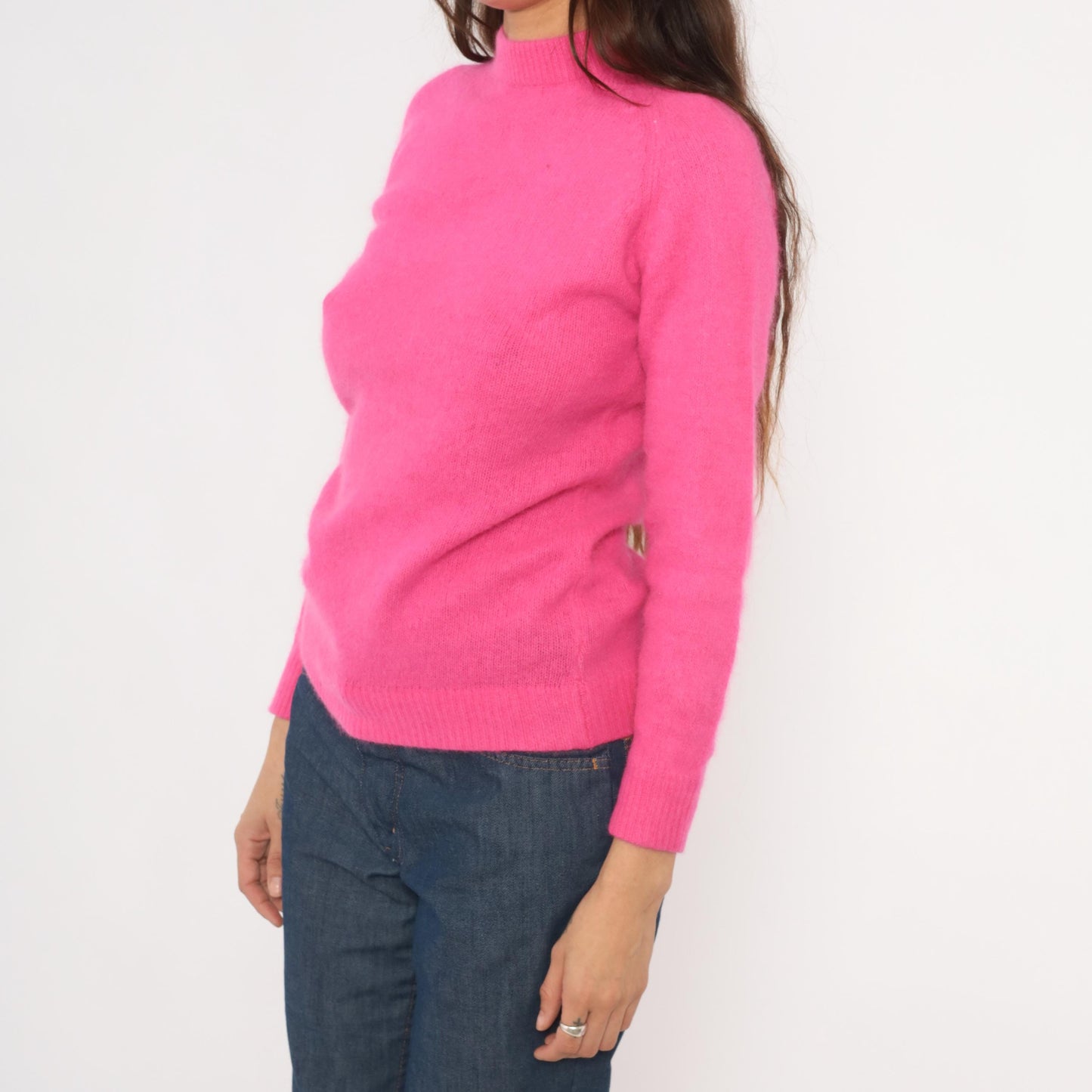 70s Hot Pink Mock Neck Sweater Lambswool Angora Fitted Raglan Small S