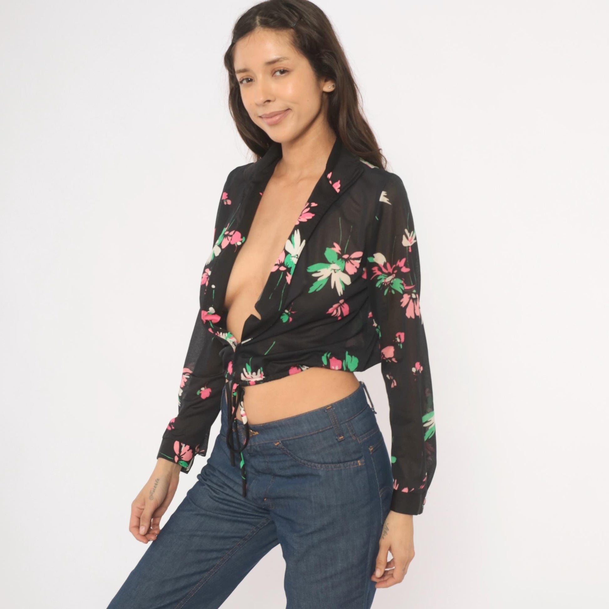 70s Black Floral Tie-Front Blouse Deep V-Neck Long Sleeve Medium M