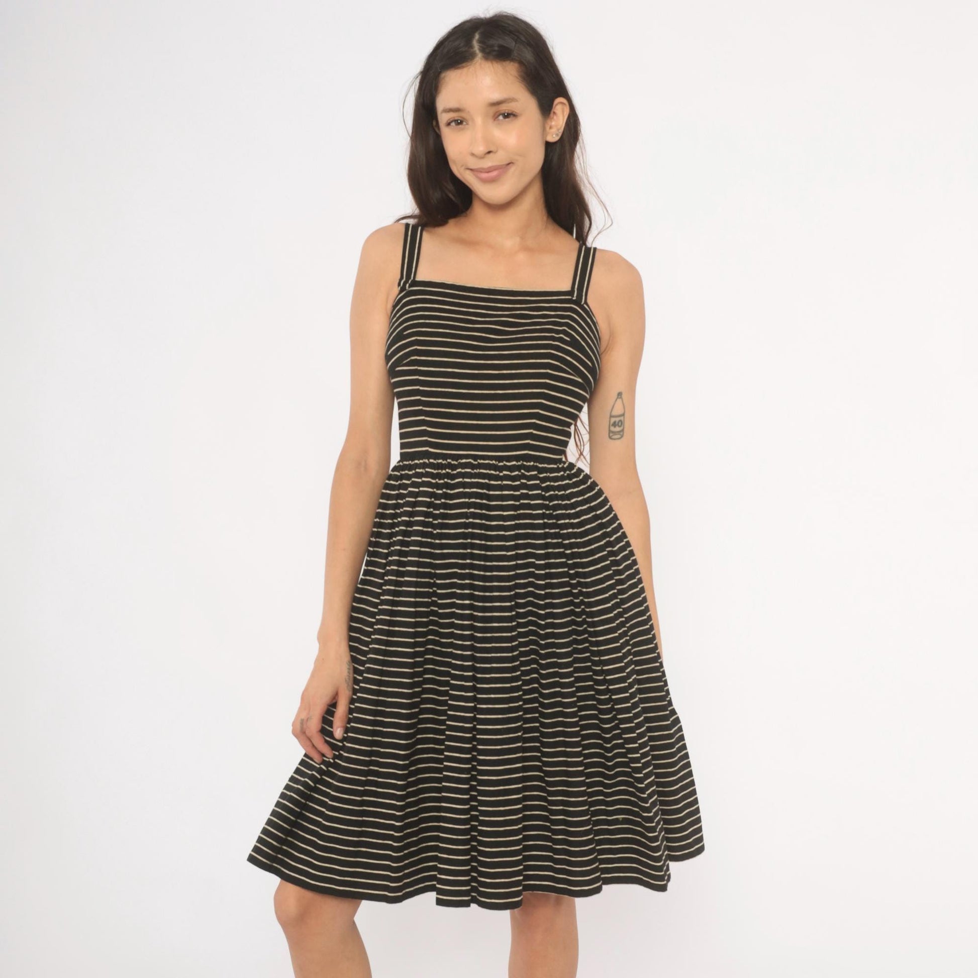50s Lanz Original Black Pinstripe Sundress Square Neck Spaghetti Strap Extra Small