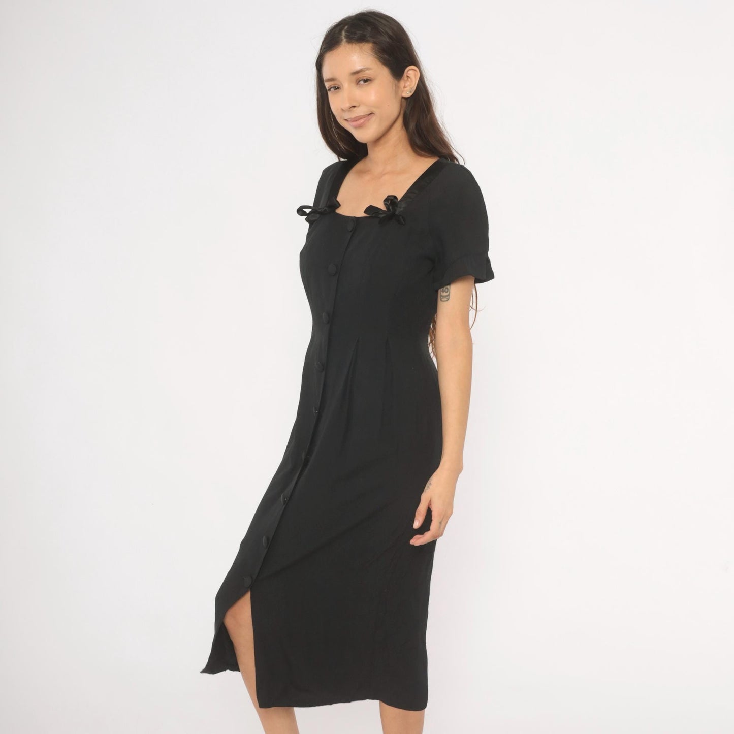 90s Atina by Karon Crosby Black Midi Dress Square Neck Bow Detail Medium