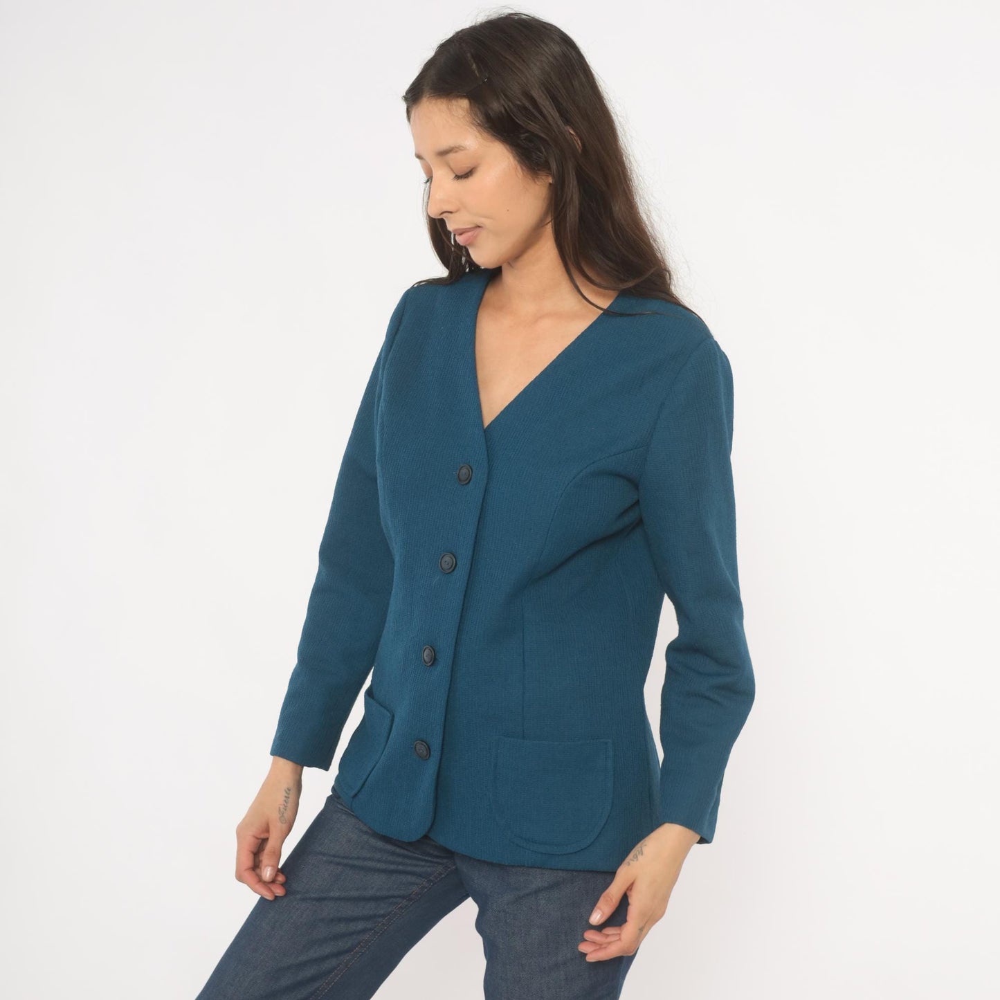 70s Navy Blazer V-Neck Collarless Button-Front Jacket Patch Pockets Small