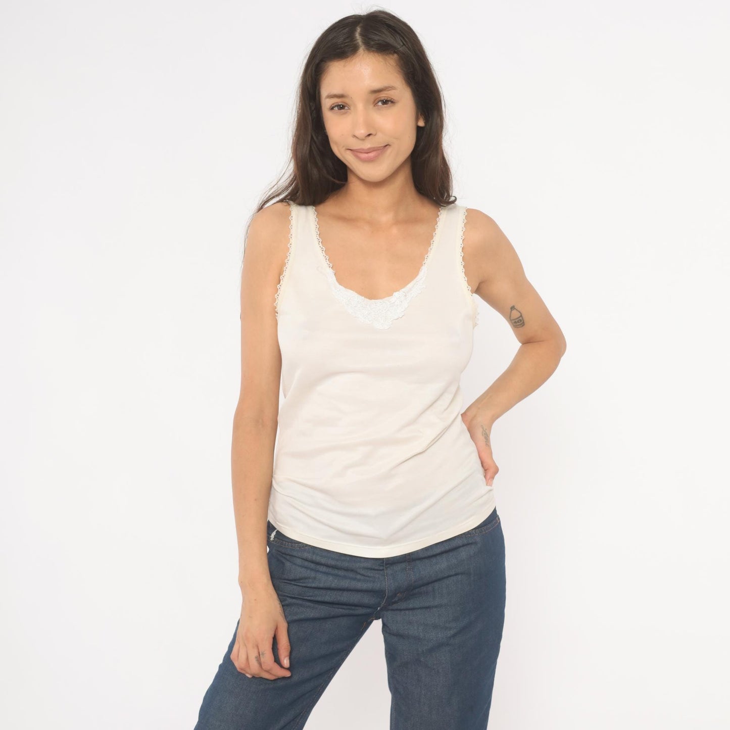 80s Ivory Camisole Lace Trim Scoop Neck Tank Top Small S
