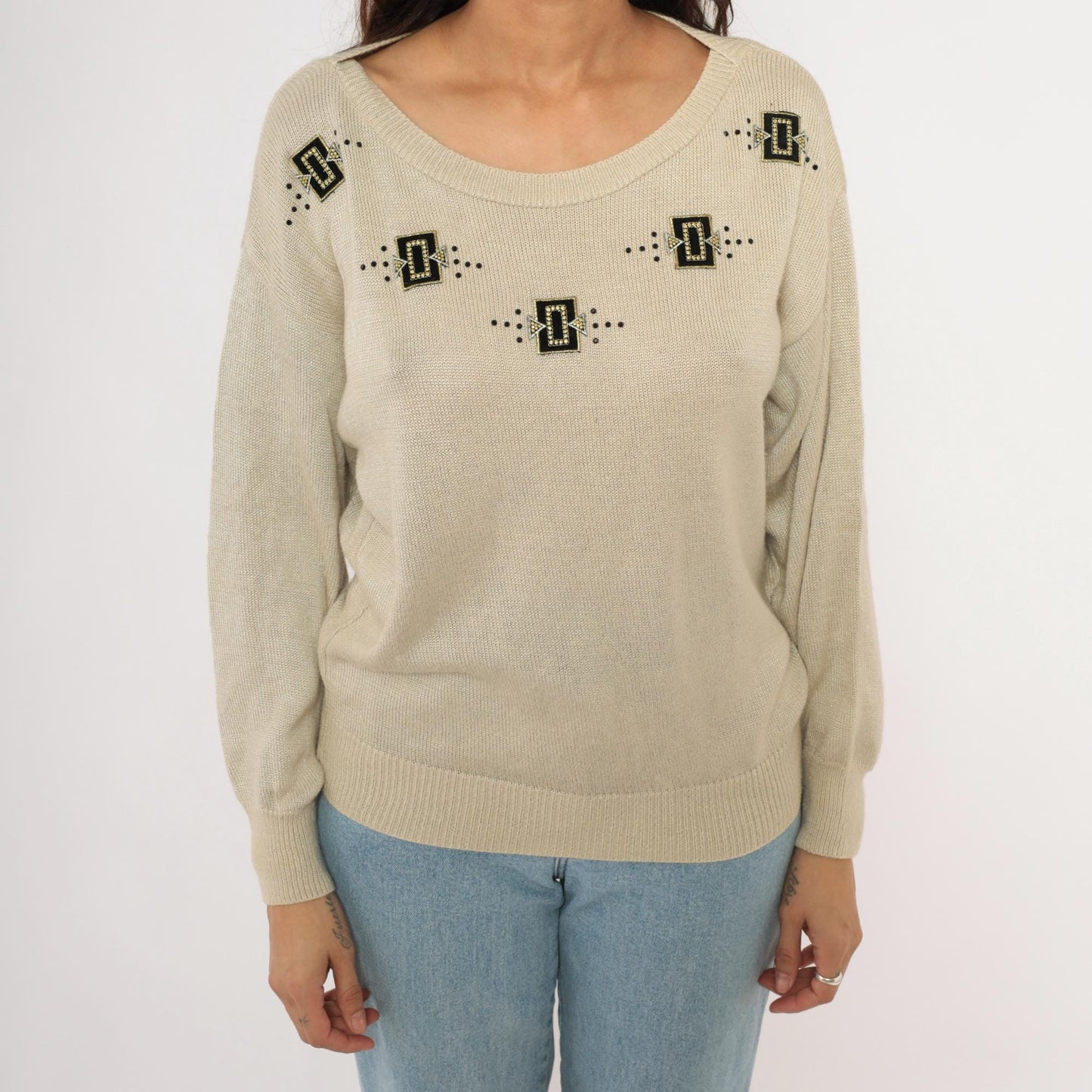 80s Fern Wagner Tan Knit Sweater Beaded Geometric Applique Small