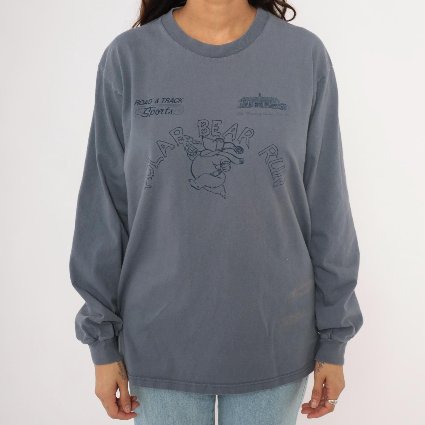 90s Anvil Polar Bear Run Graphic Tee Grey Cotton Long Sleeve Large L