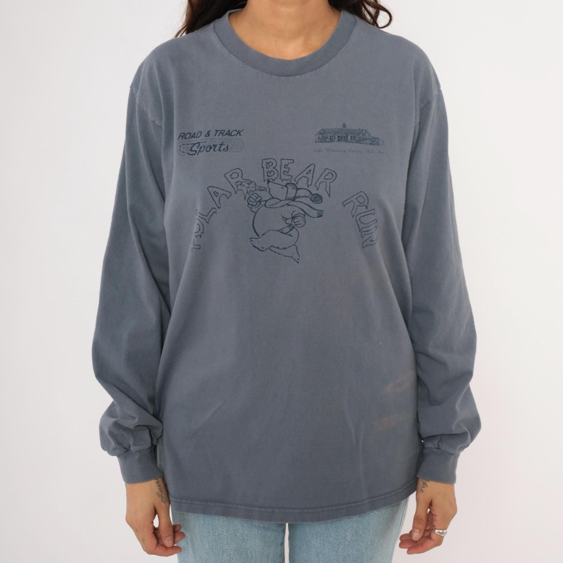 90s Anvil Polar Bear Run Graphic Tee Grey Cotton Long Sleeve Large L