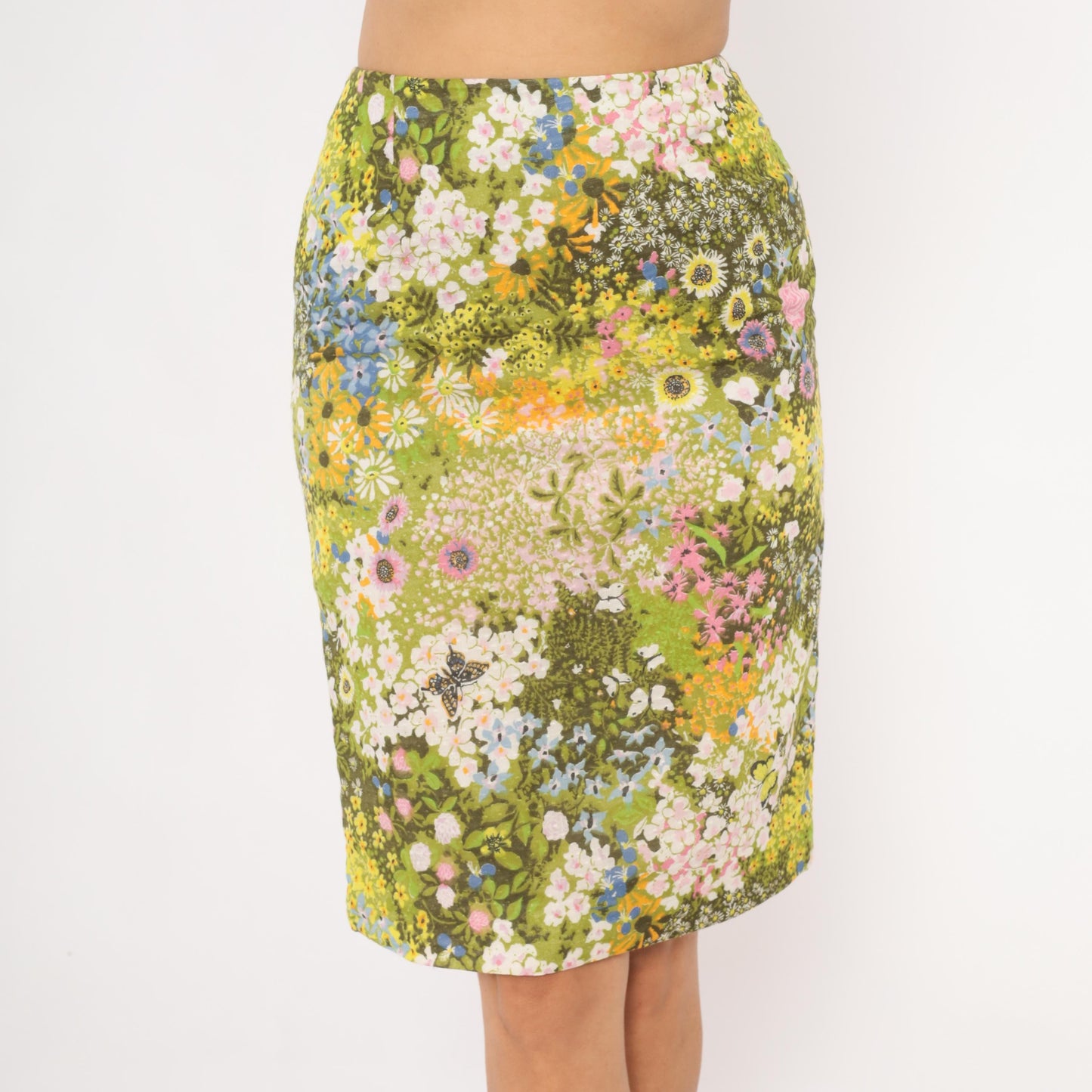 70s Wildflower Garden Pencil Skirt Green Floral Butterfly Print Knee Length Small