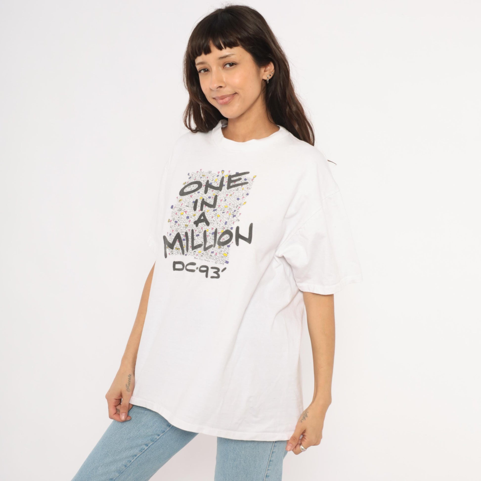 90s Oneita One In A Million DC 93 Crowd Graphic Tee White Cotton Extra Large XL