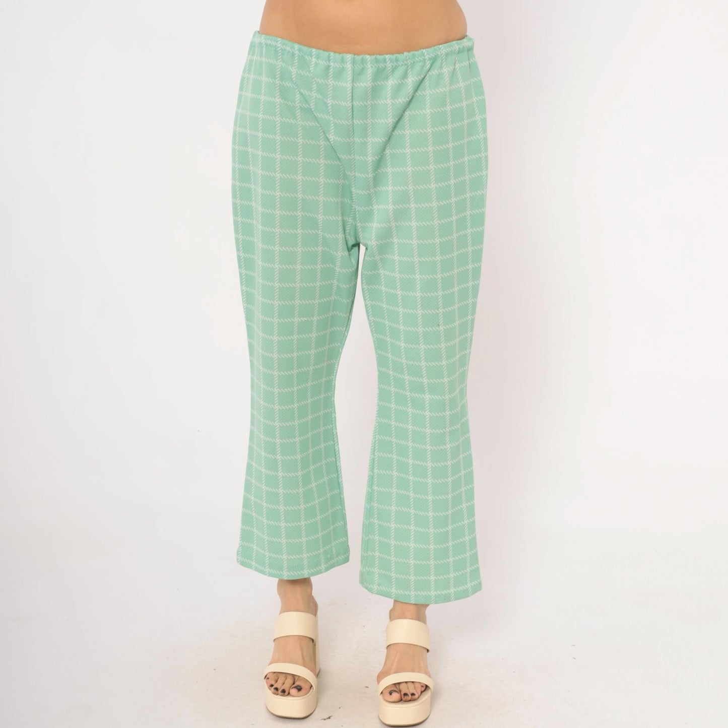 70s Mint Plaid Kick Flare Pants White Windowpane Grid Cropped Medium Large