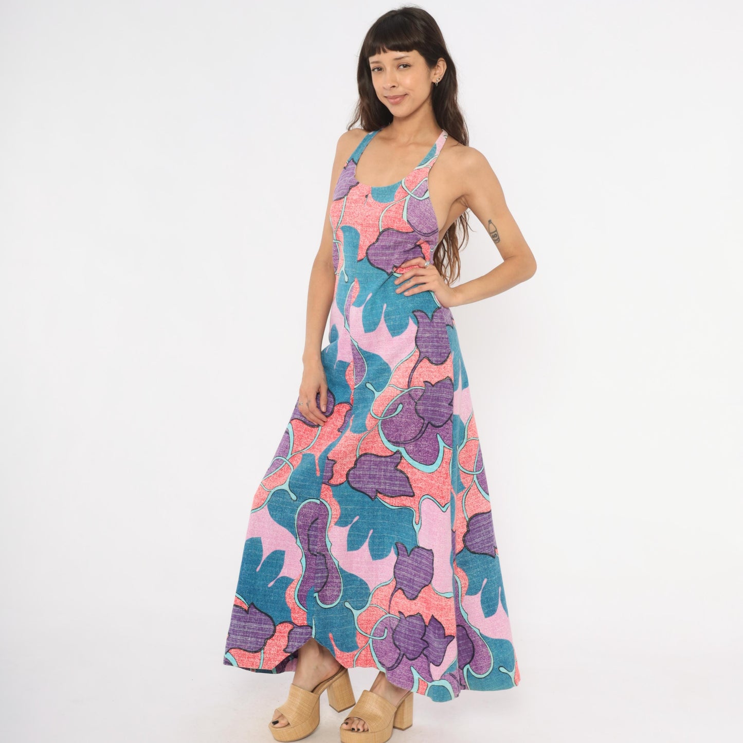 70s Psychedelic Floral Maxi Halter Dress Purple Teal Pink Cotton Small