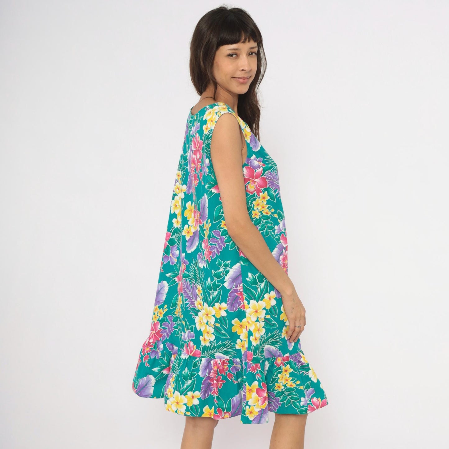 80s Kayla G Tropical Floral Sundress Teal Hawaiian Shift Knee-Length Extra Large XL
