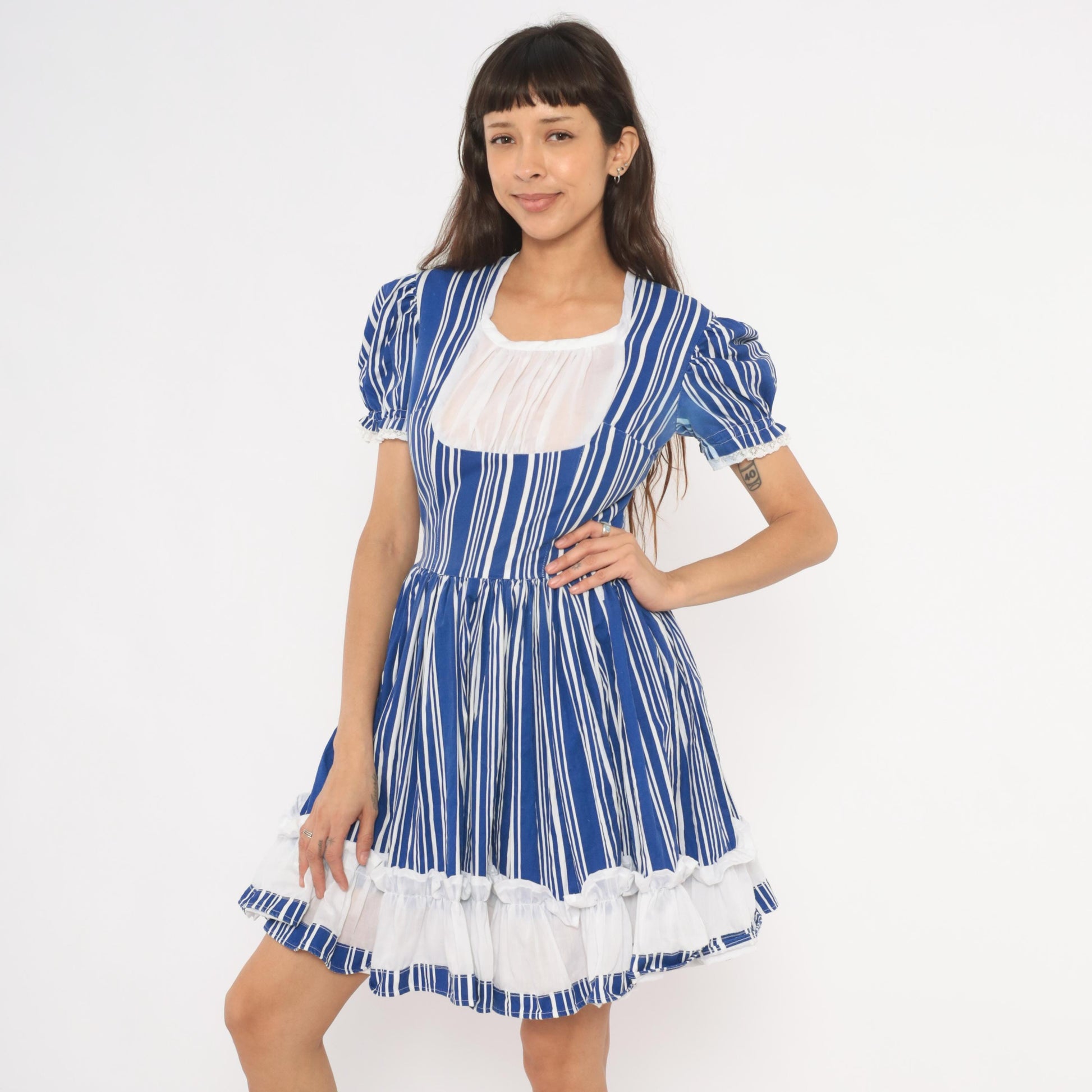 70s Striped Puff Sleeve Mini Dress Blue White Cotton Gathered Skirt Small S