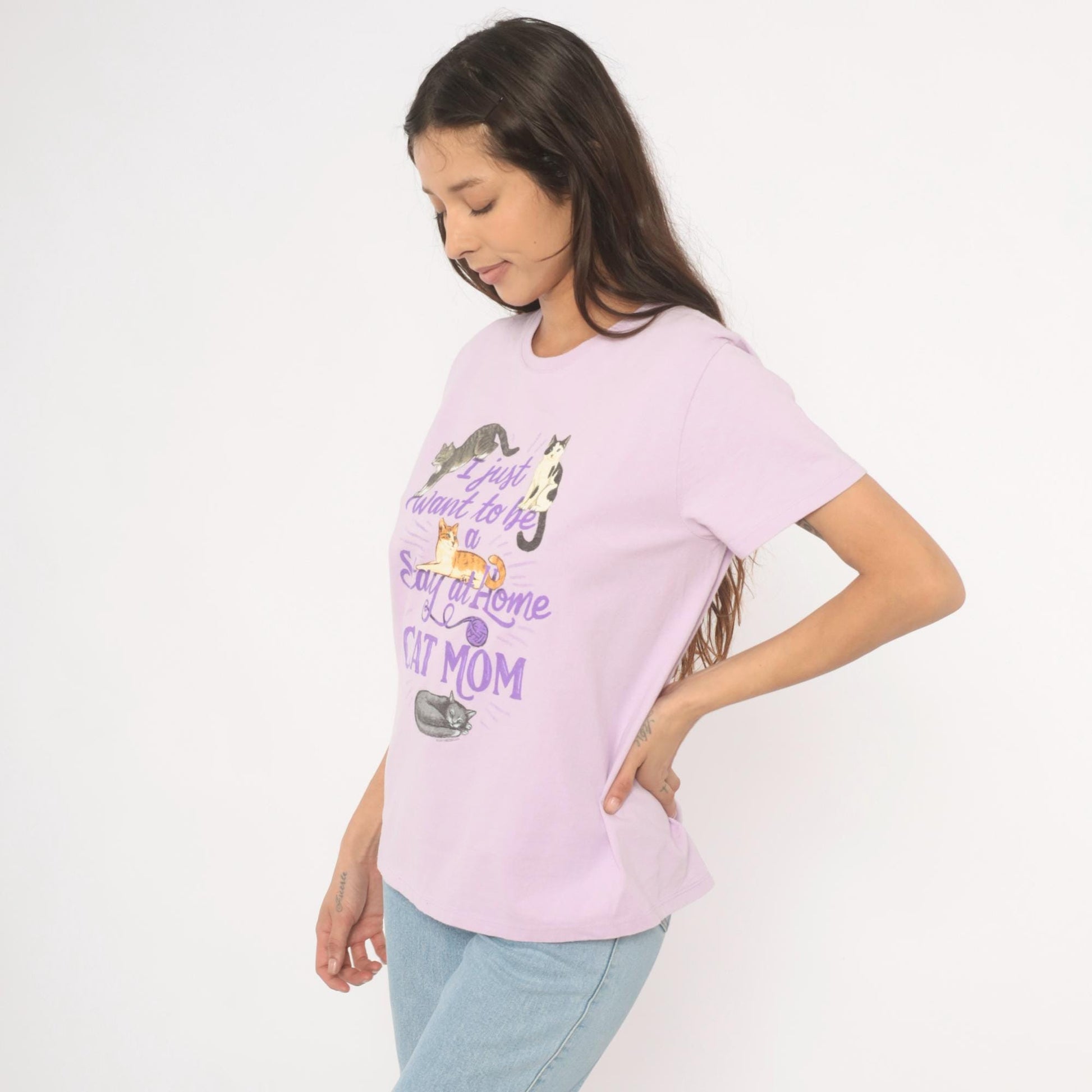00s Port & Company Stay At Home Cat Mom Graphic Tee Lavender Large L