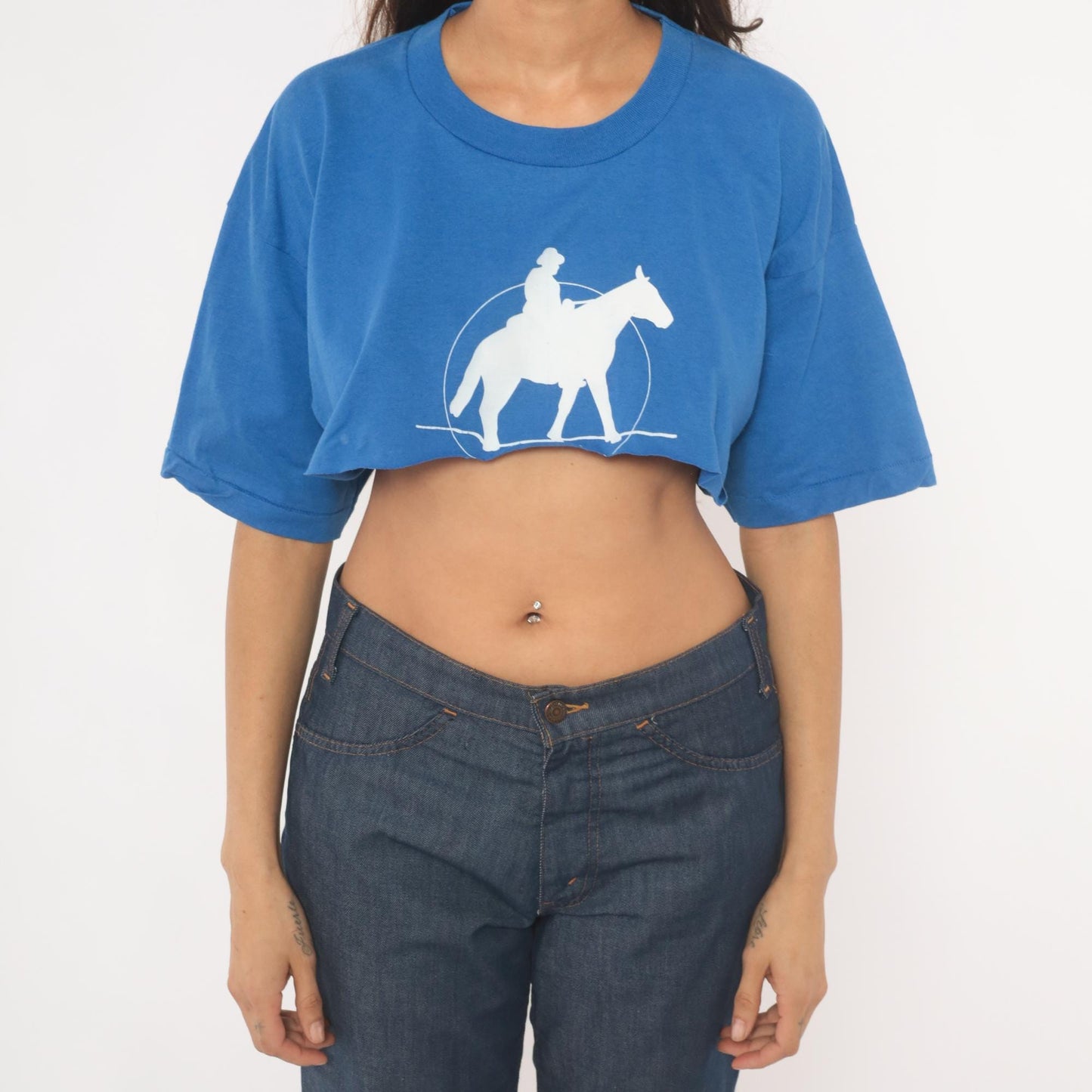 90s Fruit of the Loom Cowboy Horse Graphic Crop Tee Royal Blue Small