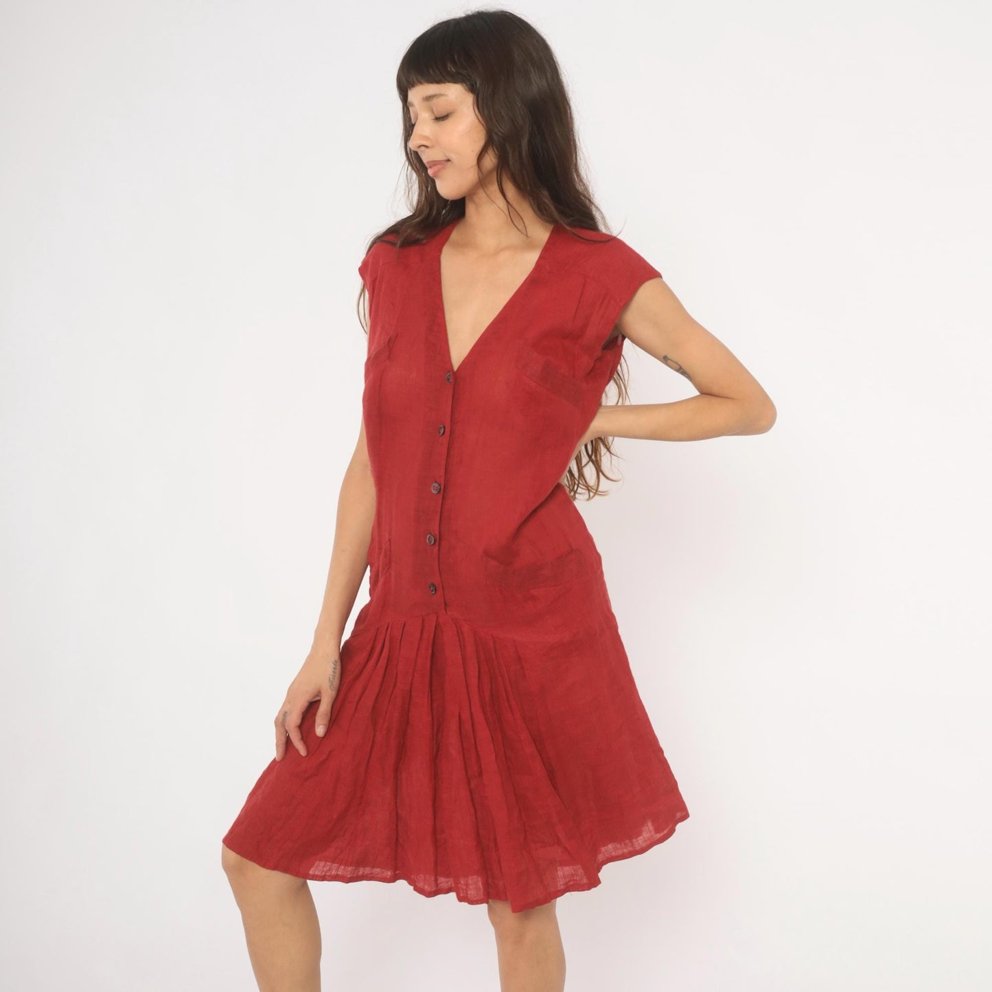 90s Laura Biagiotti Red Linen Dress V Neck Cap Sleeve Drop Waist Medium