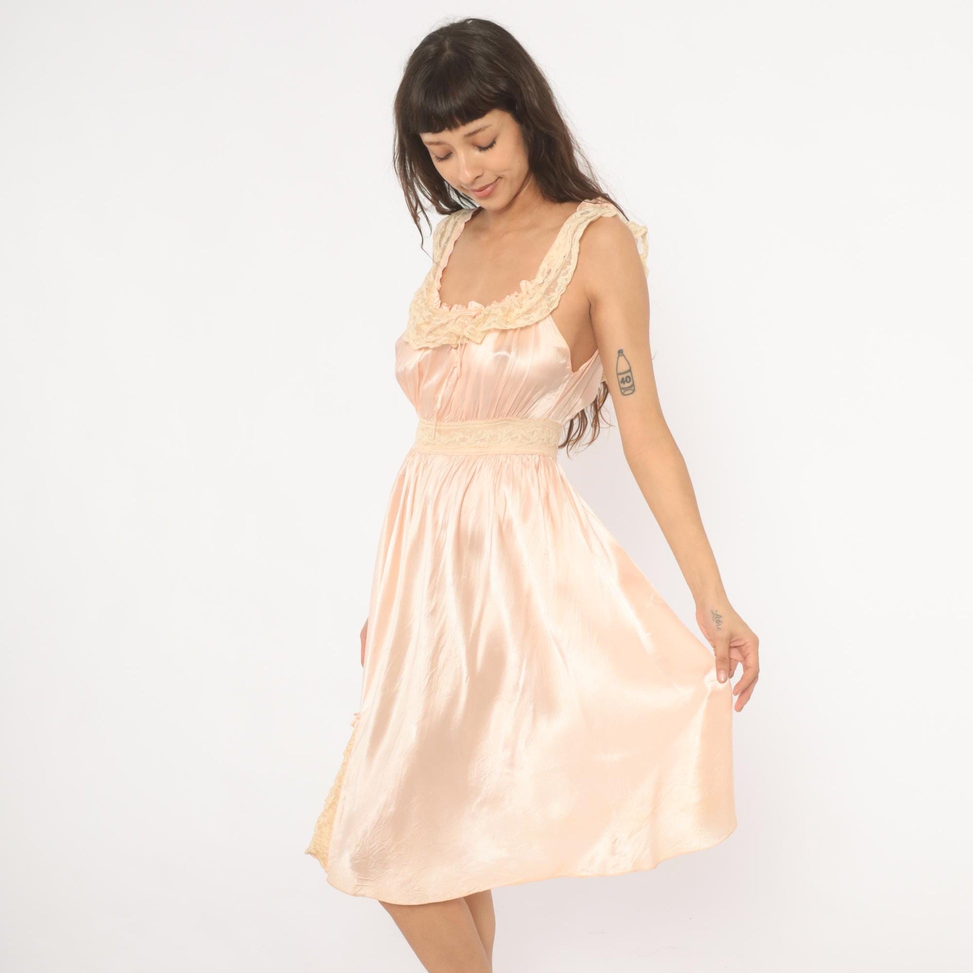 1940s Blush Pink Silk Satin Nightgown Lace Trim Ribbon Tie Small S