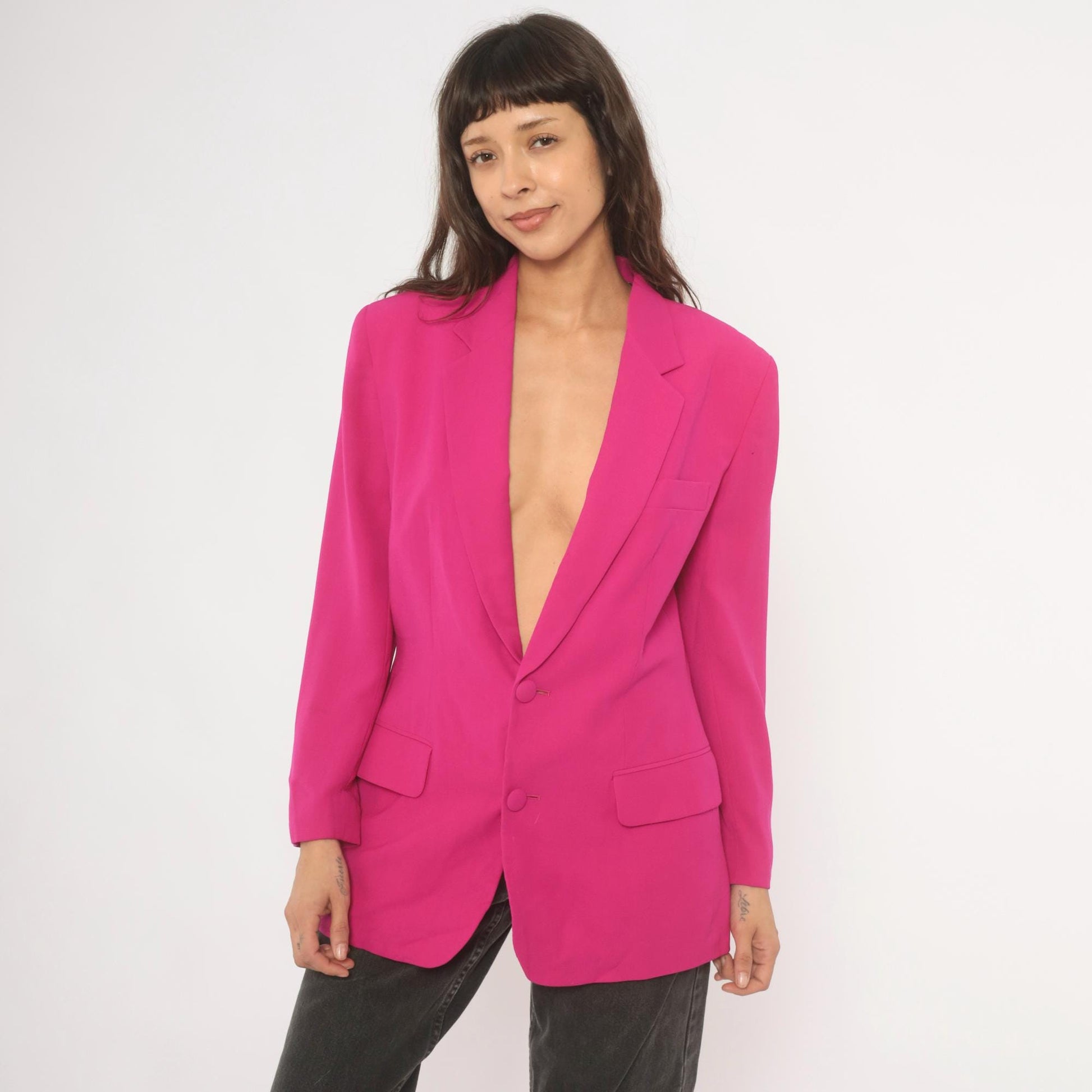 90s N. Valentino Hot Pink Wool Blazer Two-Button Structured Shoulders Medium M