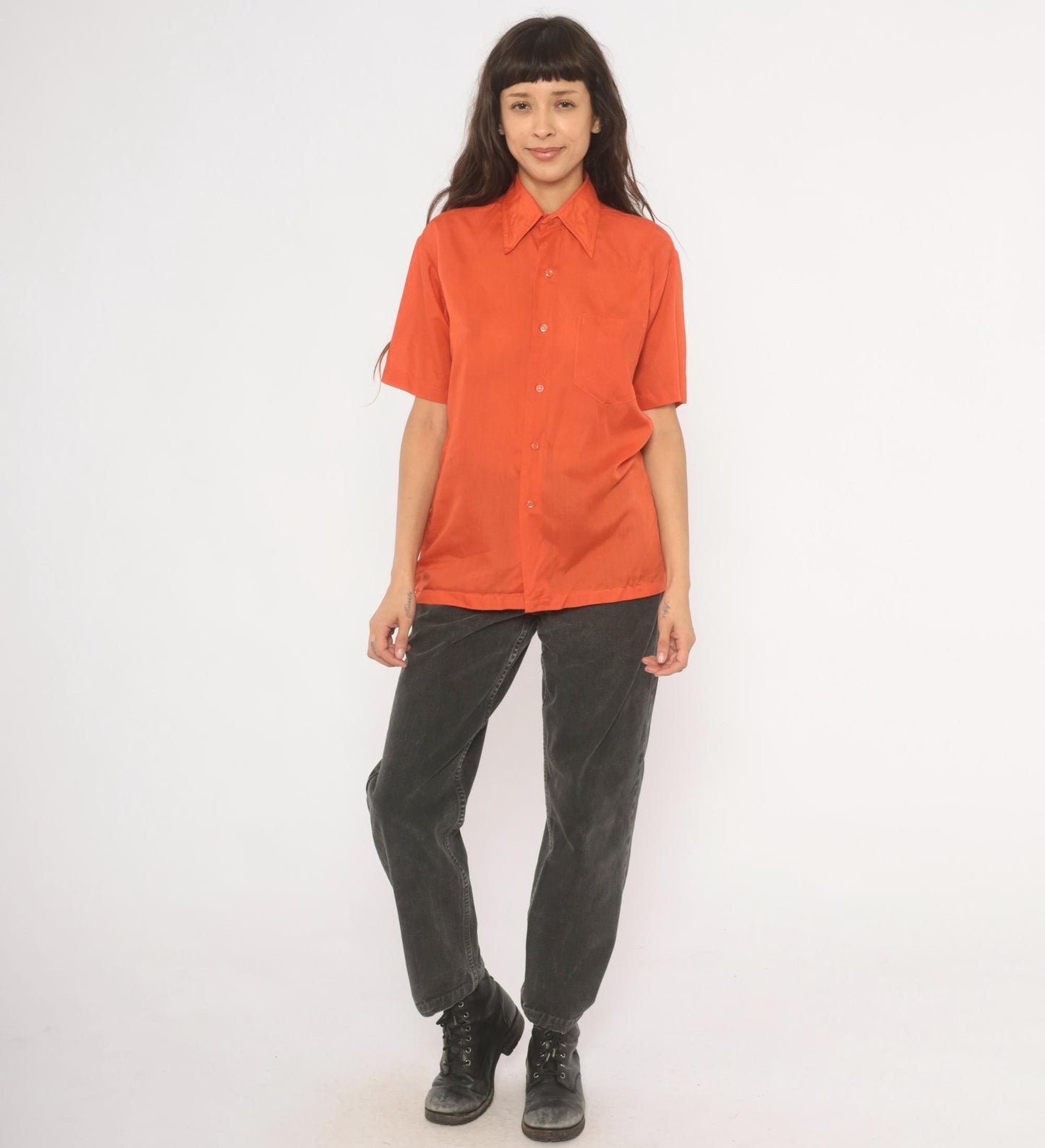 70s Odeon Burnt Orange Button-Up Shirt Pointed Collar Short Sleeve Medium