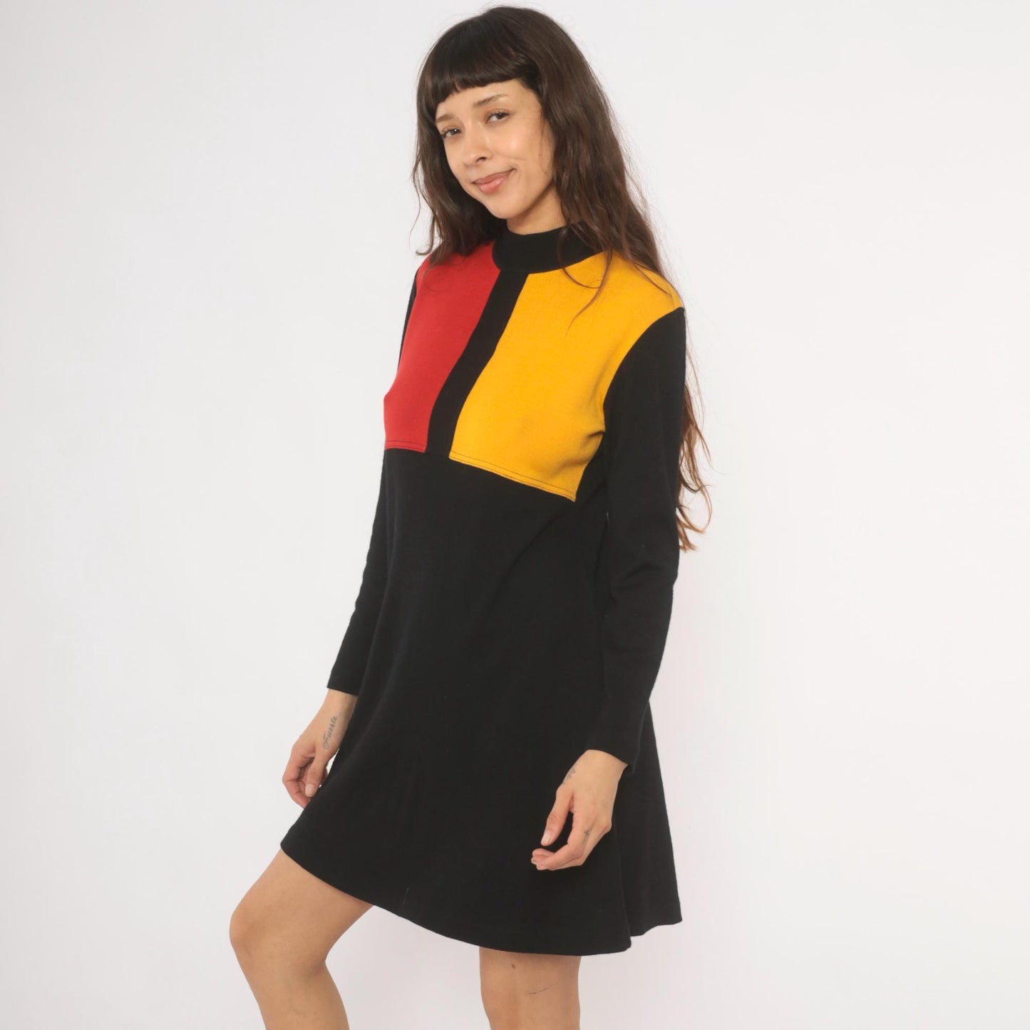 80s Karin Stevens Color Block Mini Dress Red Mustard Mock Neck Medium