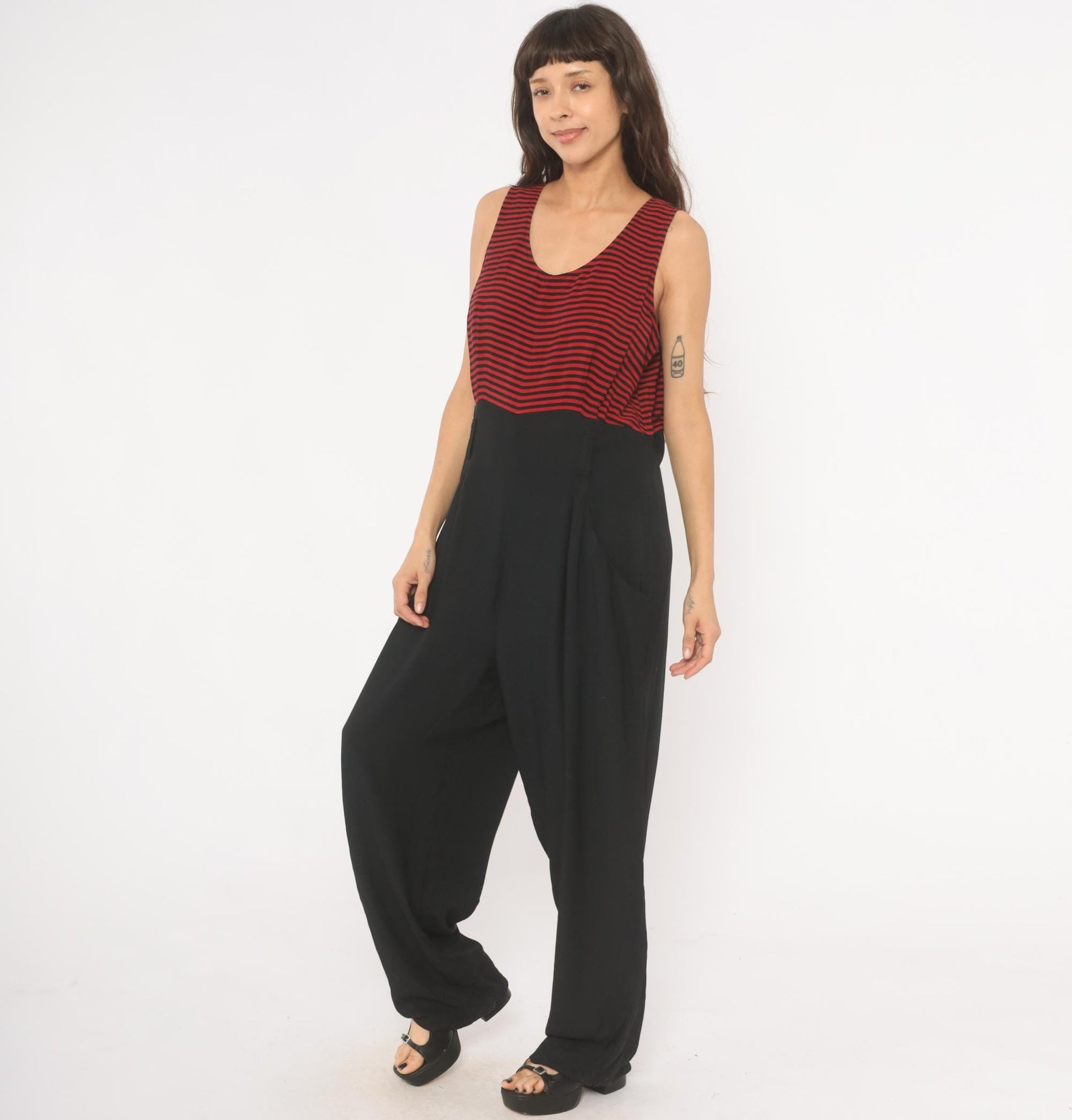 90s Red Black Striped Sleeveless Jumpsuit Wide Leg Maxi Tank Large L