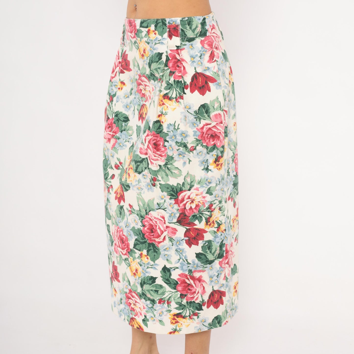 90s Gotcha Covered Floral Pencil Skirt Cream Rose Print Cotton Medium L