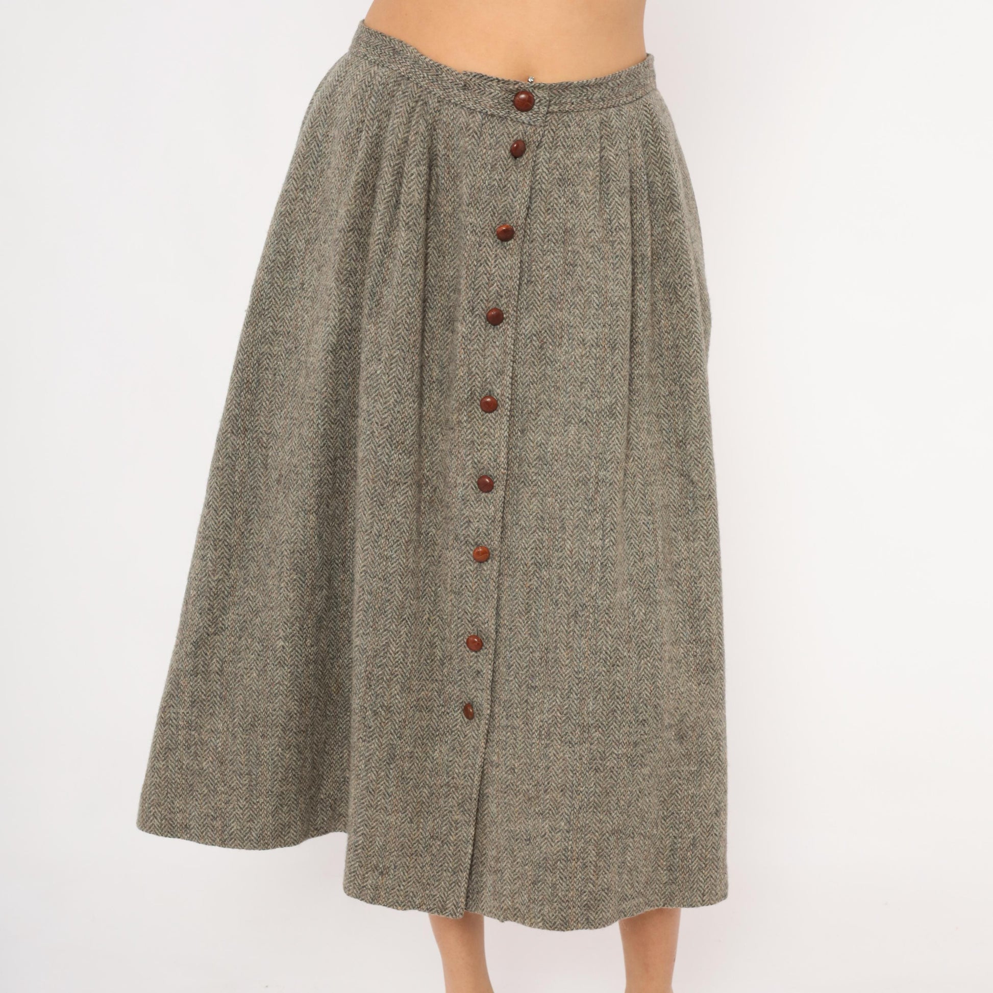 80s David Brooks Wool Herringbone Midi Skirt Grey Tan Pleated Medium L