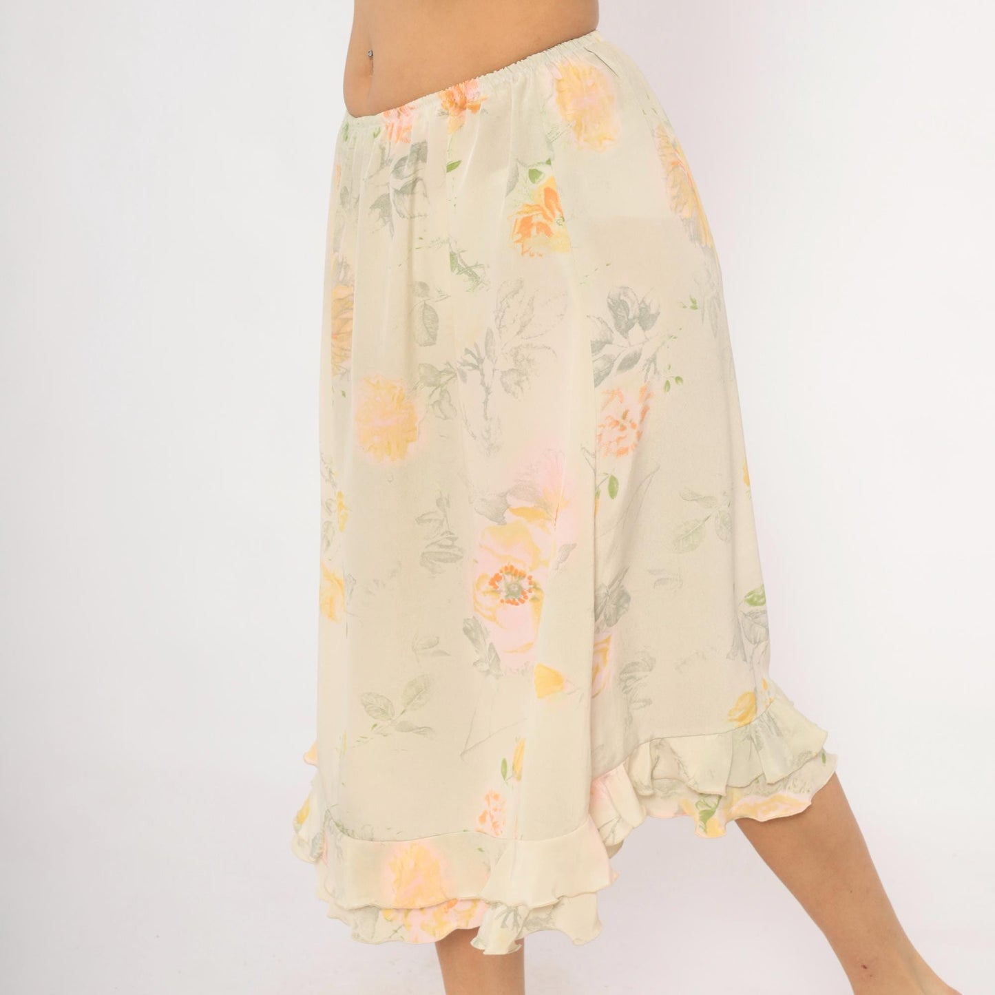 90s Watercolor Floral Midi Skirt Ruffle Hem Cream Peach Sage Green Small