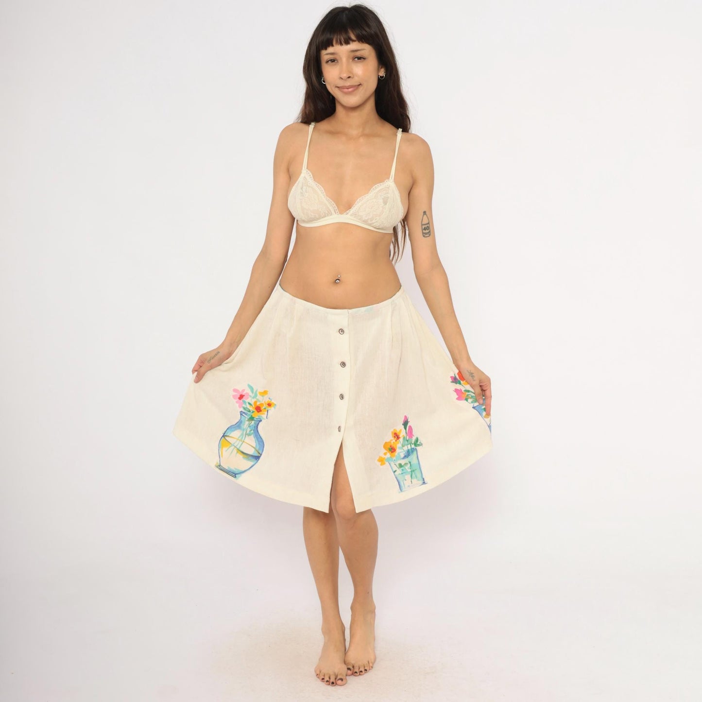90s Cream Linen A-Line Mini Skirt Watercolor Floral Vase Appliqué Medium