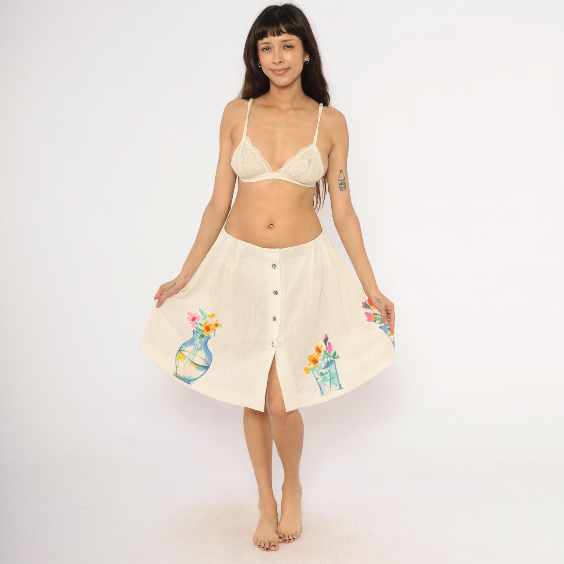 90s Cream Linen A-Line Mini Skirt Watercolor Floral Vase Appliqué Medium
