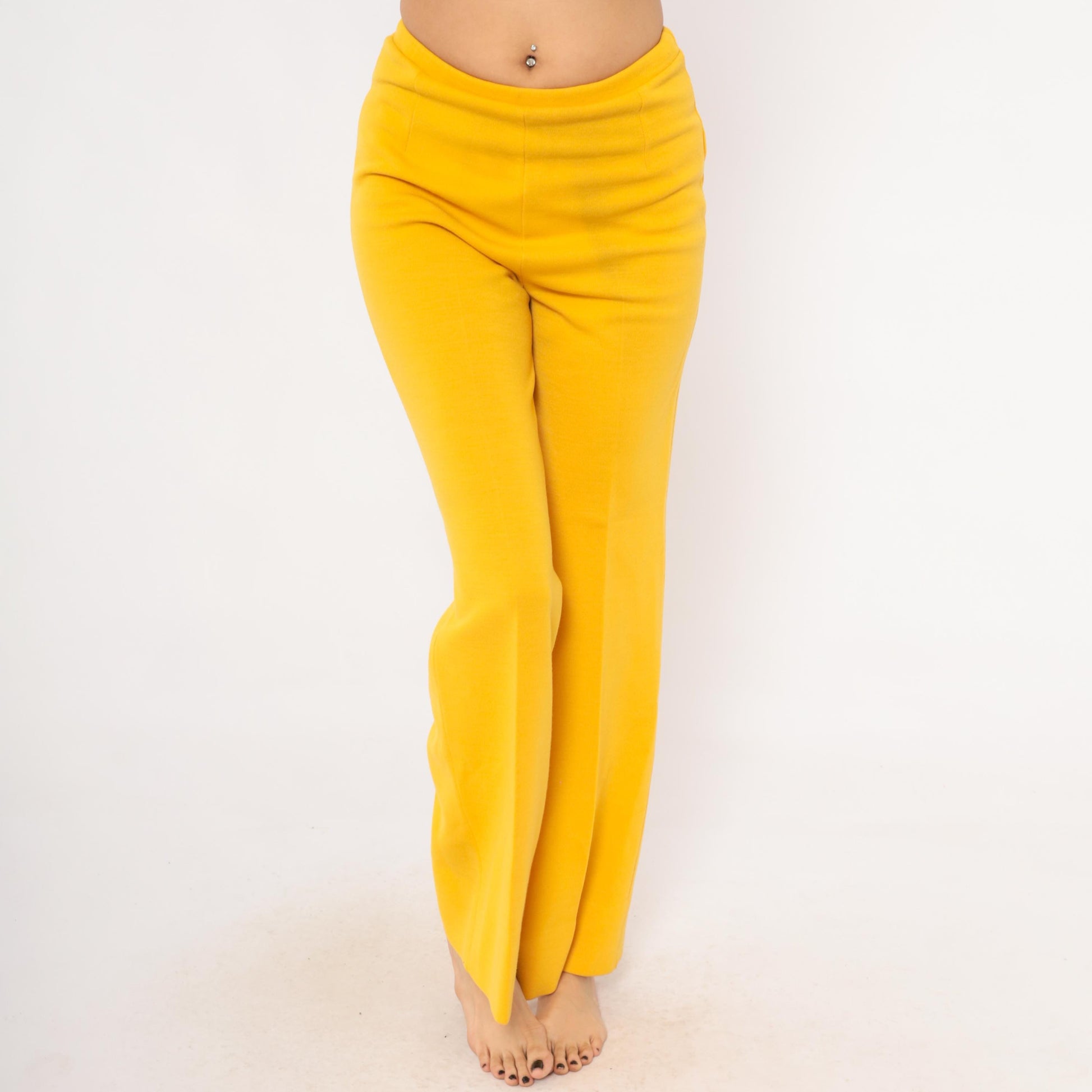 70s Mustard Wide Leg Trousers Pull-On Wool Blend High Waist Straight Leg Large L