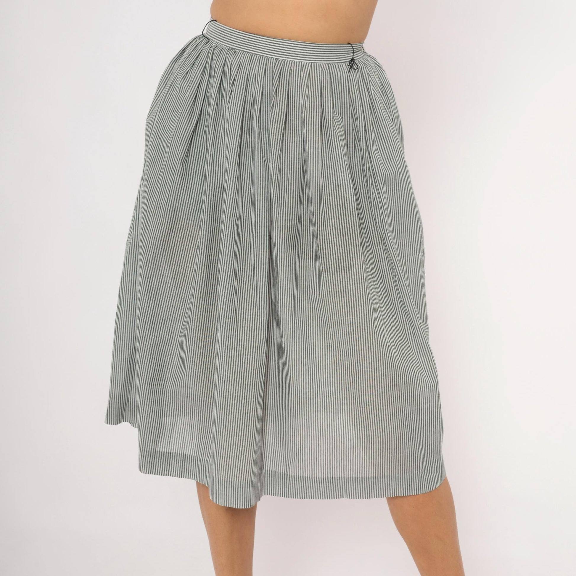 80s NR1 Grey Pinstripe Gathered Skirt Cotton Pleated High-Waisted Extra Small