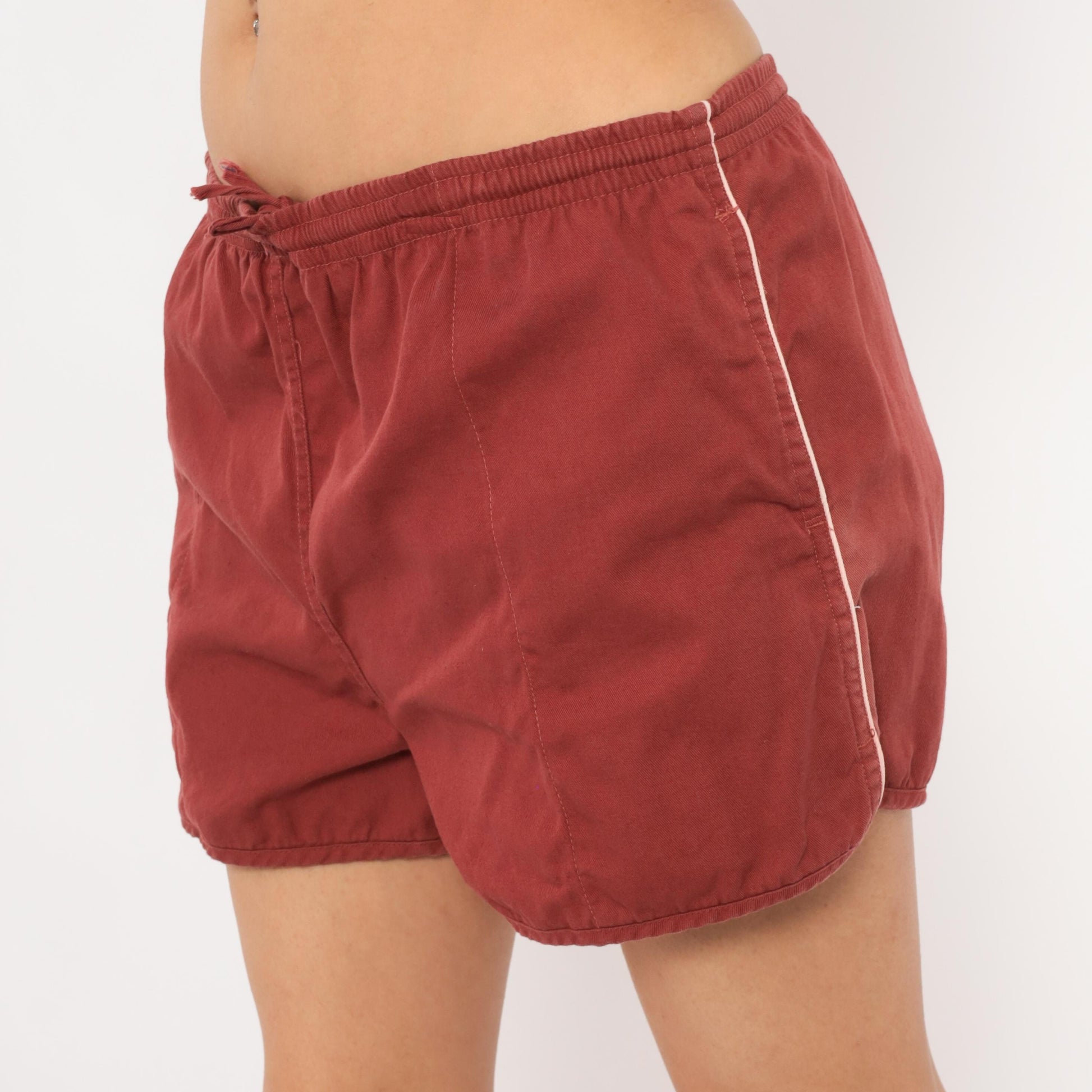 80s Repage Burgundy Swim Trunks Drawstring Waist Cotton Contrast Piping Large L