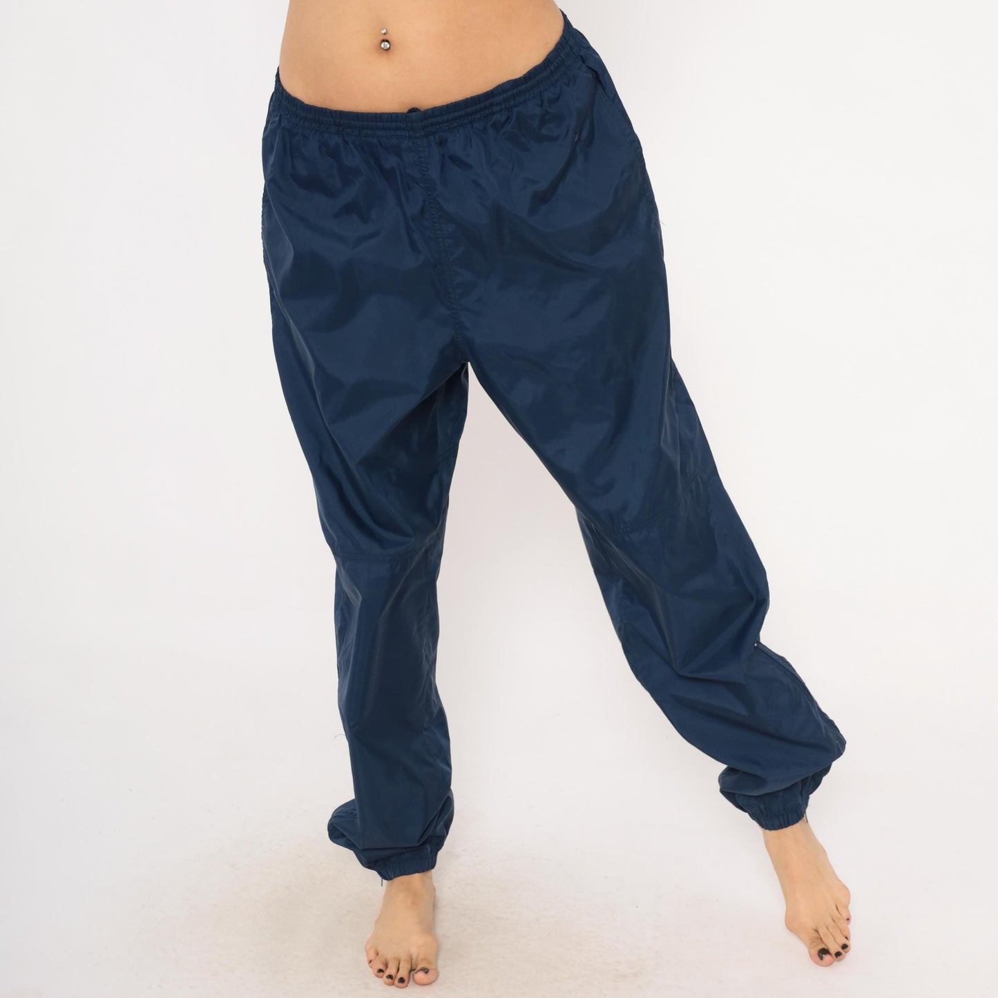 90s Nike Navy Nylon Track Pants Tapered Joggers Drawstring Large L
