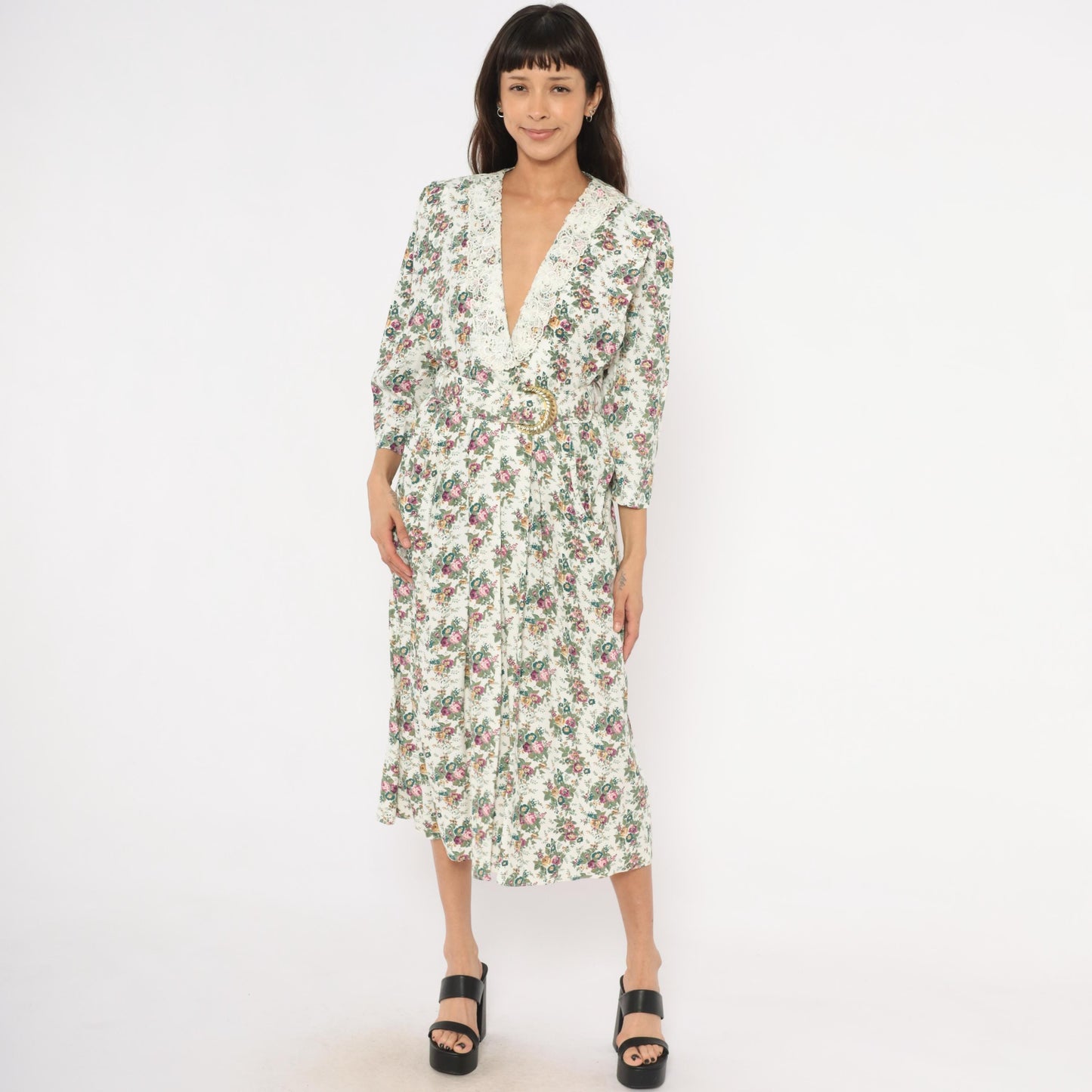 90s SL Fashions Floral Midi Dress Lace Collar V Neck Belted Gold Buckle Medium M